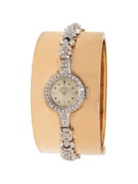 ROLEX, PLATINUM, DIAMOND AND YELLOW GOLD BANGLE WRISTWATCH
