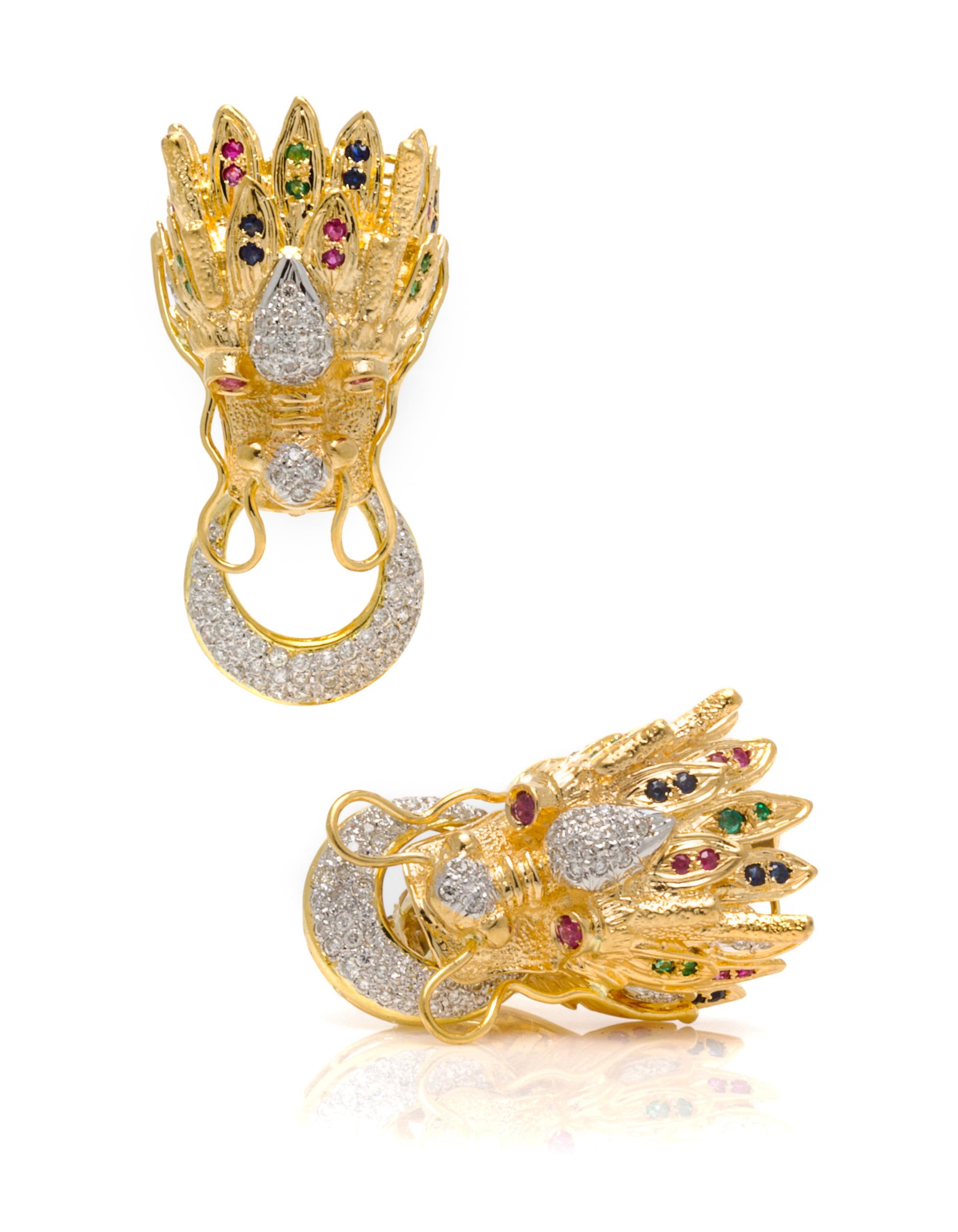 A Pair of 18 Karat Yellow Gold, Diamond, Ruby, Sapphire and Emerald Dragon Motif Earclips, 32.00 dwts.