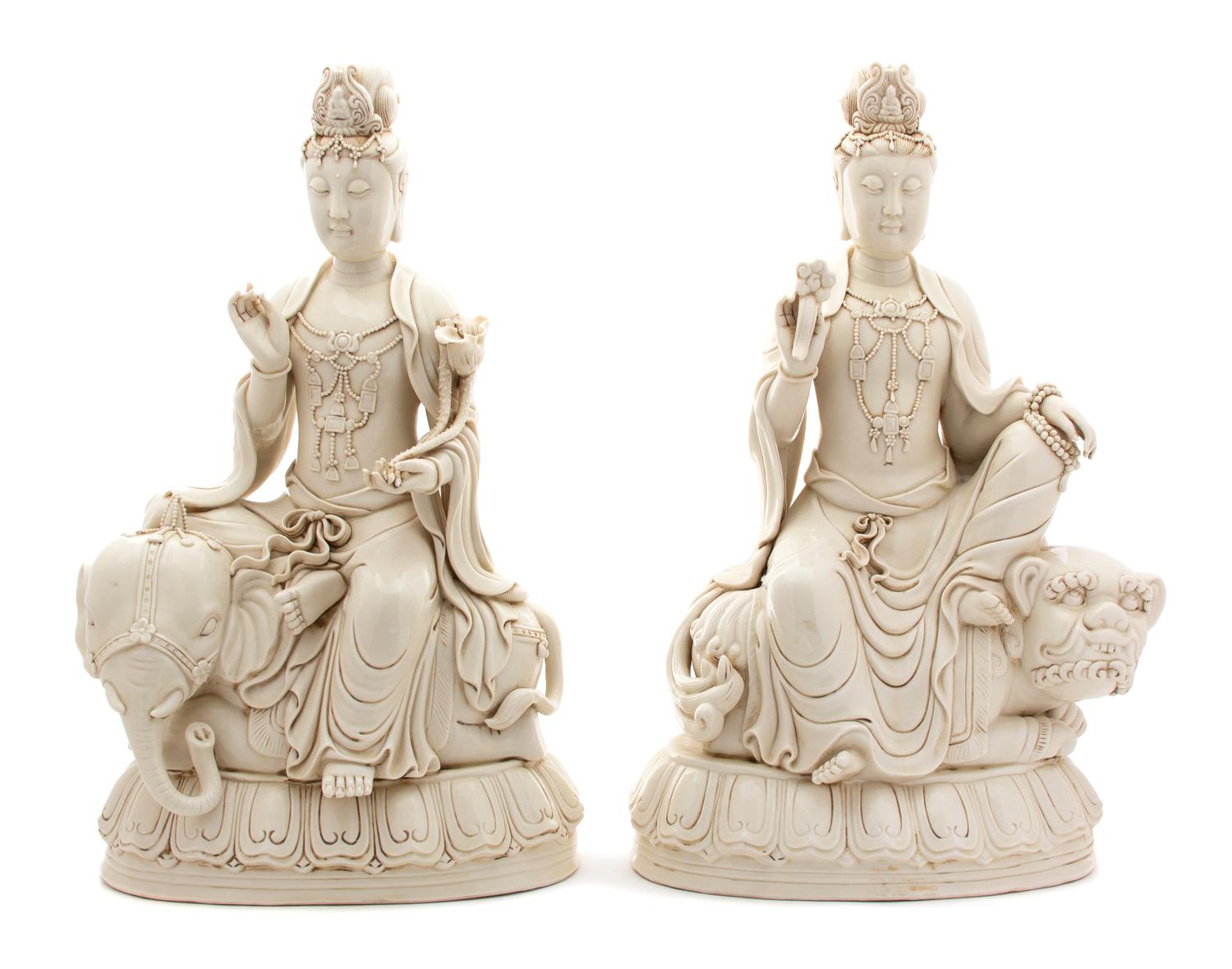 A Pair of Chinese Blanc-de-Chine Porcelain Guan Yin Figures