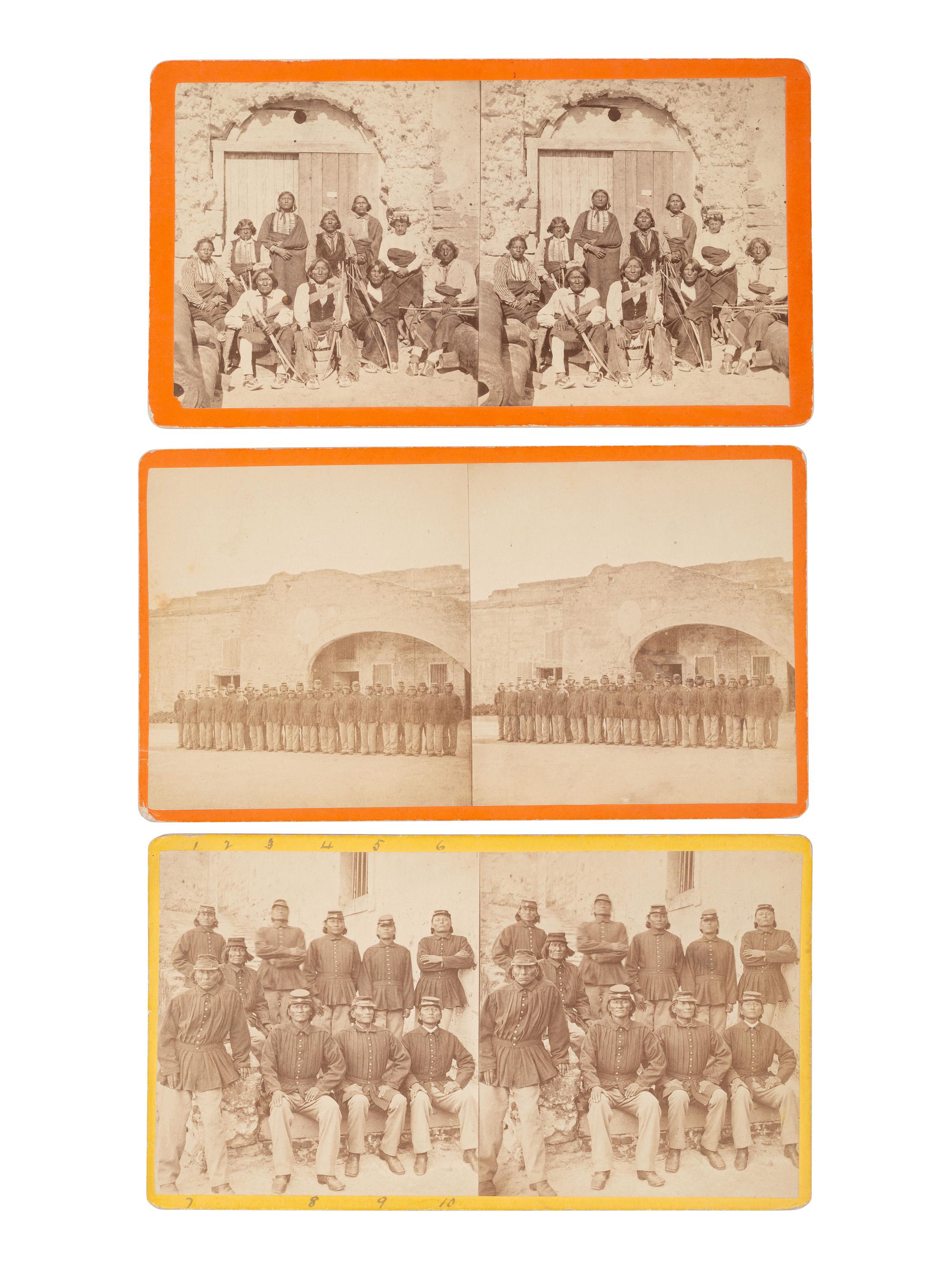 [NATIVE AMERICANS]. HAVENS, O. Pierre, photographer. A group of 3 stereoviews of Native American prisoners at Fort Marion, St. Augustine, Florida.
