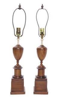 A Pair of English Turned Oak Urns Height overall 25 inches.