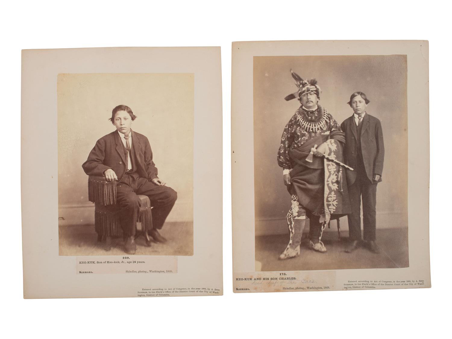 SHINDLER, Antonio Zeno (1823-1899), photographer. 2 photographs of Sauk Chief Keokuk and his son Charles. Washington, DC, 1868.