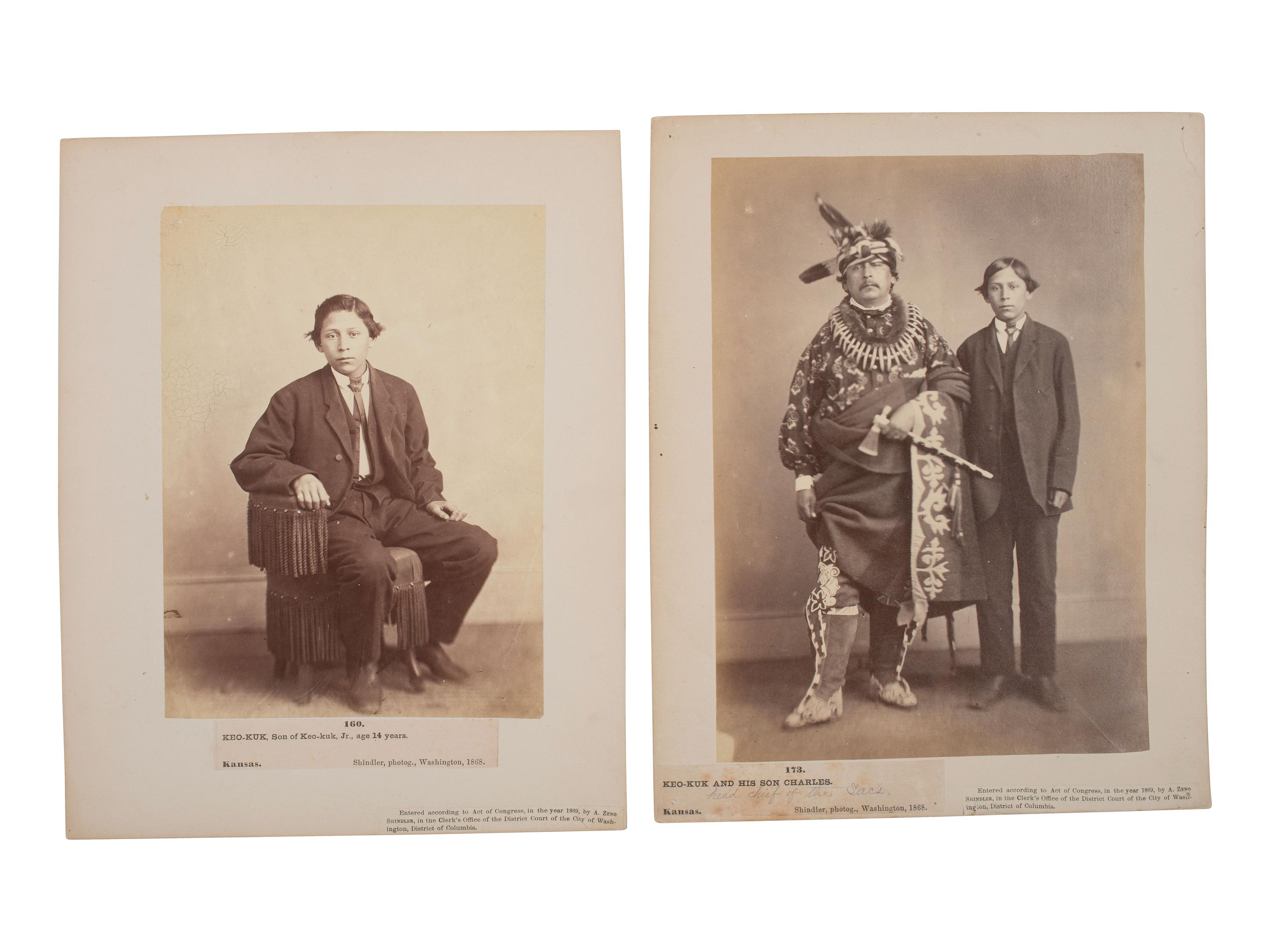 SHINDLER, Antonio Zeno (1823-1899), photographer. 2 photographs of Sauk Chief Keokuk and his son Charles. Washington, DC, 1868.
