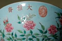 A Pair of Turquoise Glazed Ground Famille Rose Porcelain Bowls