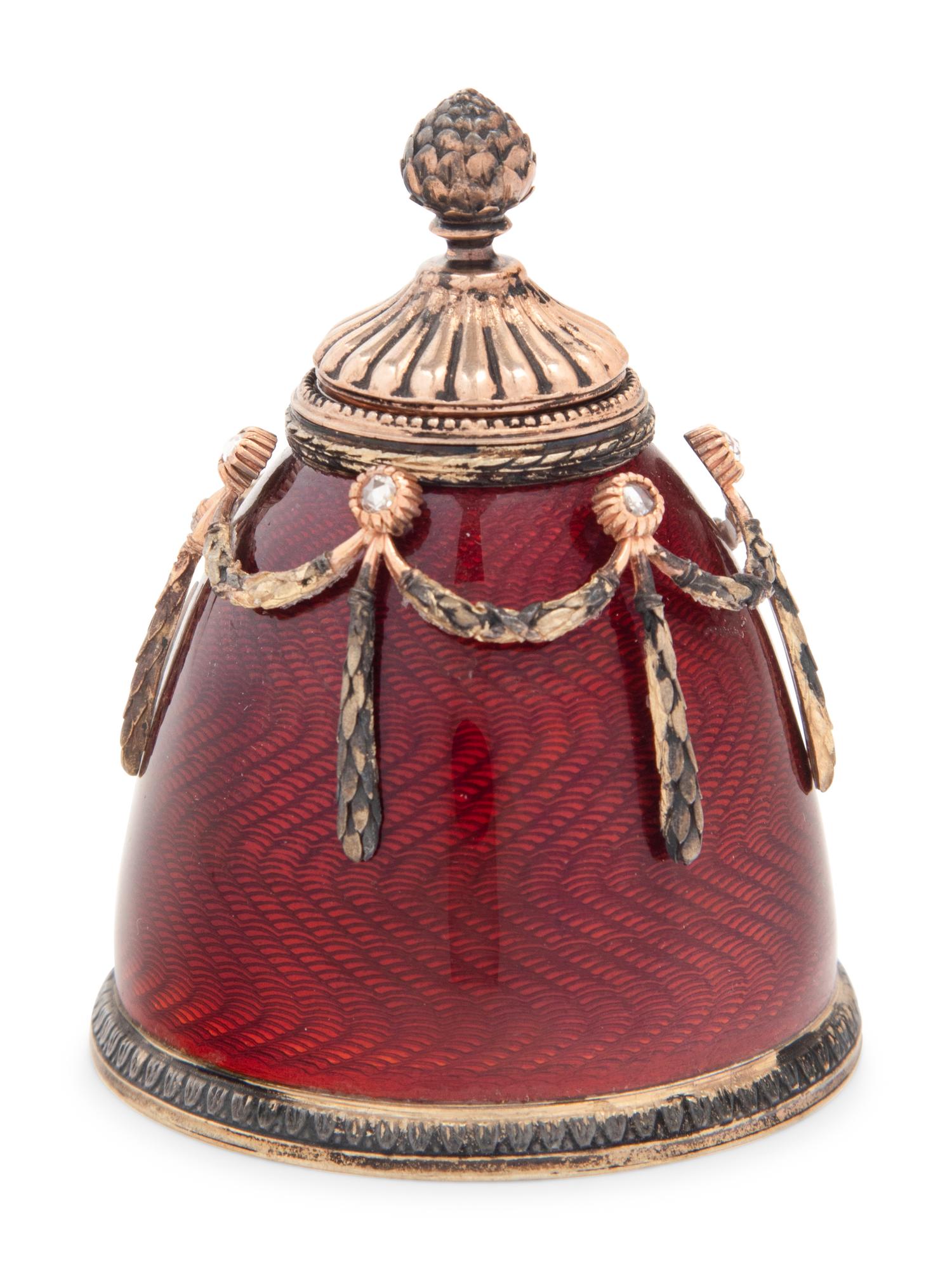 A Russian Silver, Diamond and Guilloché Enamel Perfume Bottle Attributed to Fabergé