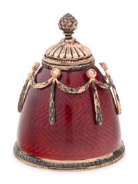 A Russian Silver, Diamond and Guilloché Enamel Perfume Bottle Attributed to Fabergé