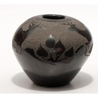 Blackware Sgraffito Pottery Jar, with Deer