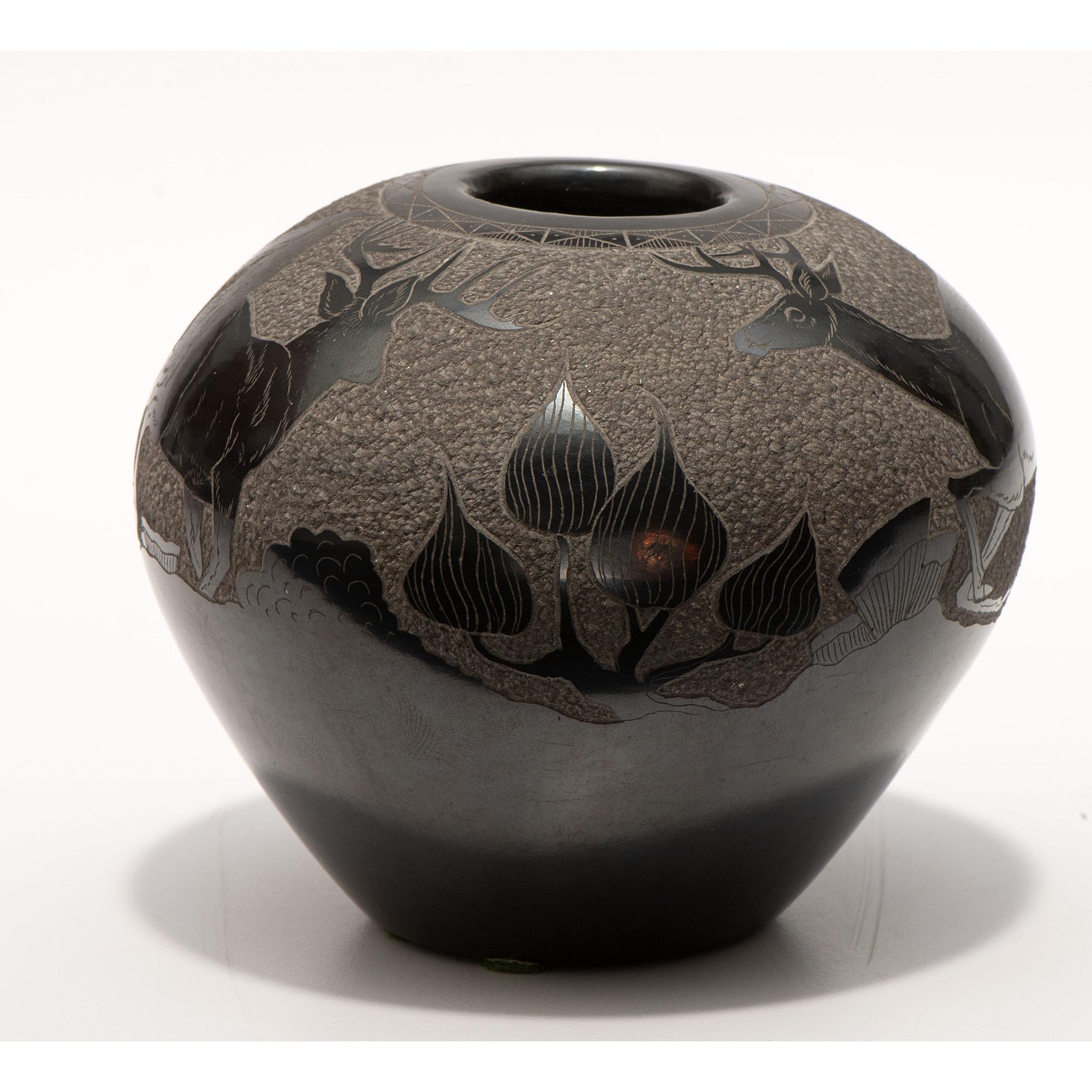 Blackware Sgraffito Pottery Jar, with Deer