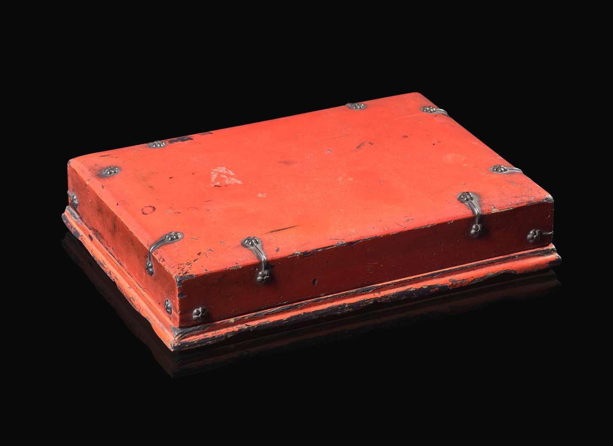 A Korean metal-mounted red lacquer writing or inkstone box, Joseon dynasty 紅色漆盒 朝鮮王朝