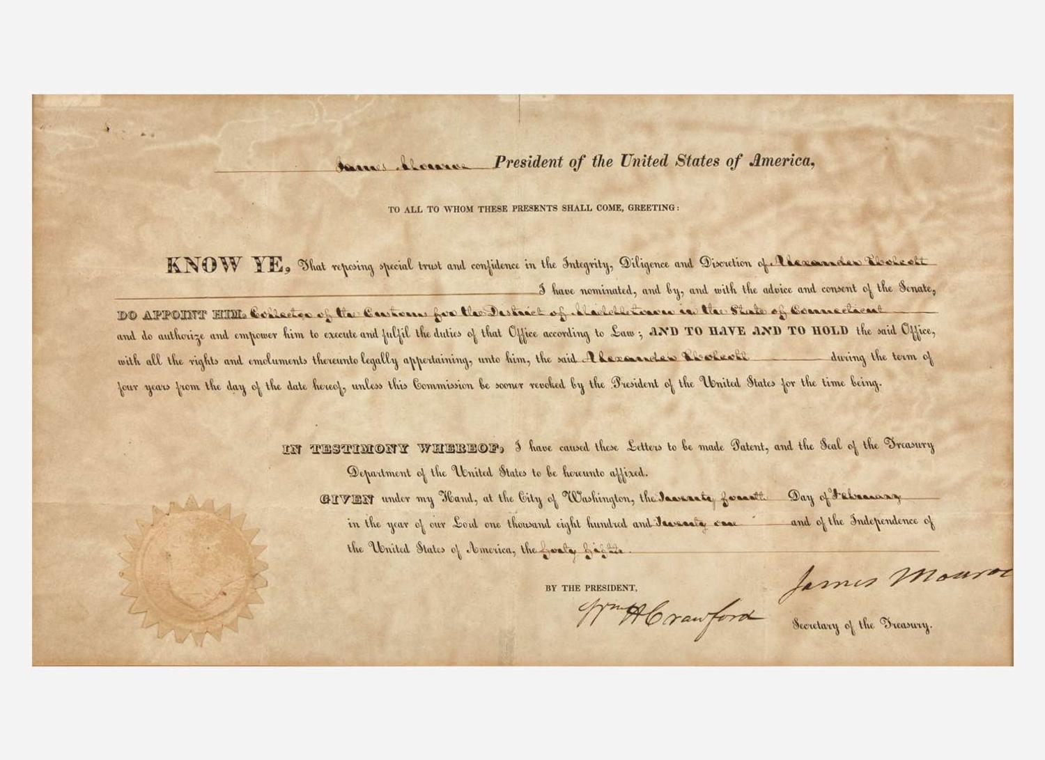 [Presidential] Monroe, James: Partially-Printed Document, signed