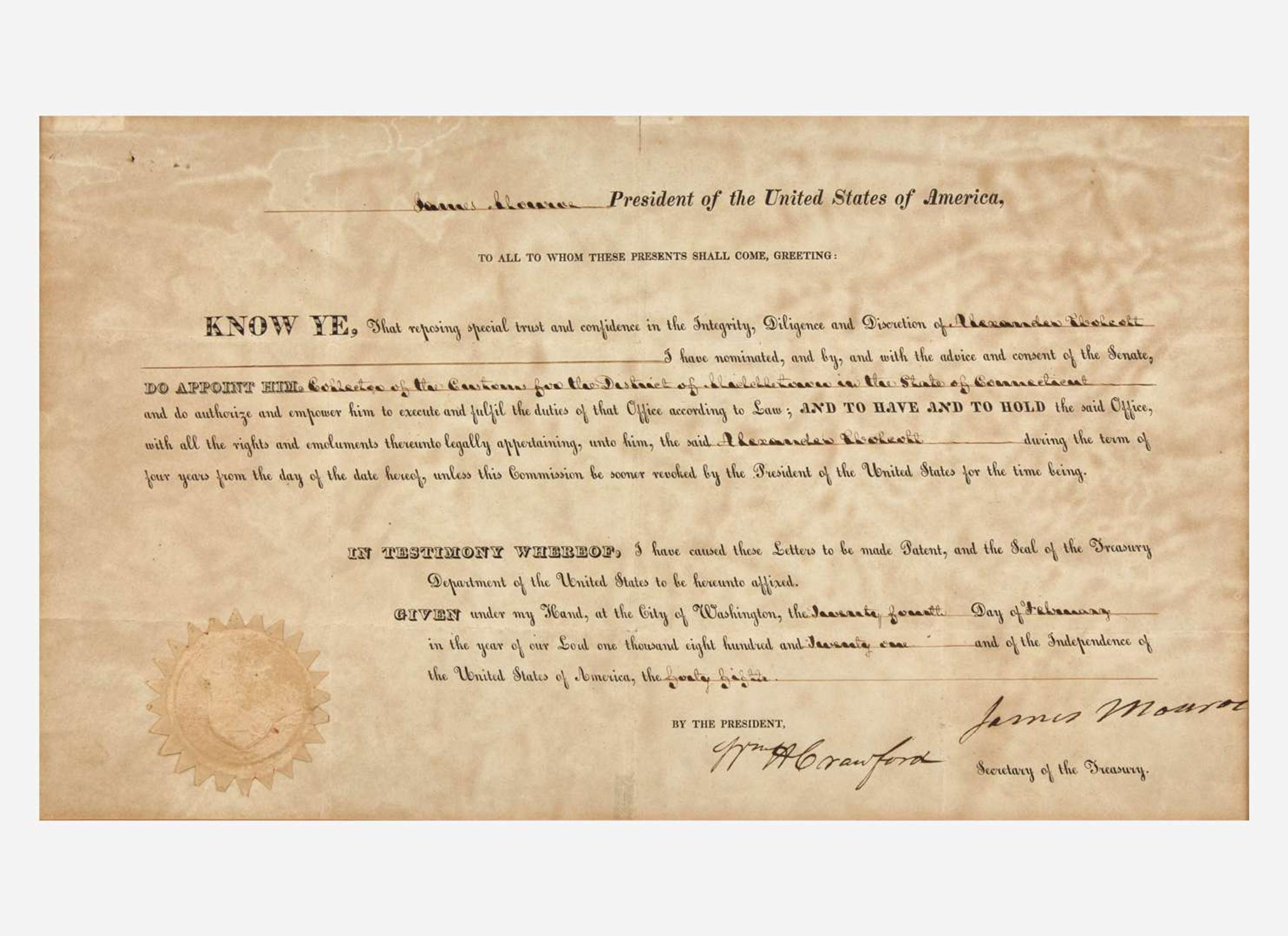 [Presidential] Monroe, James: Partially-Printed Document, signed
