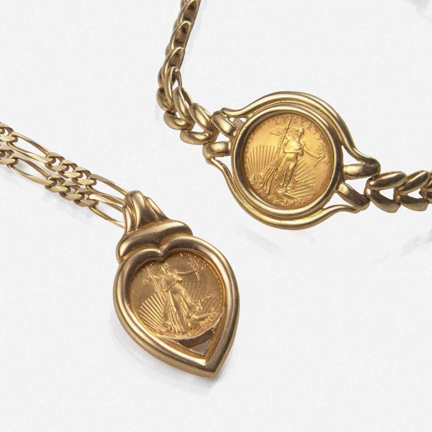 A Set of Yellow Gold Coin Bracelet and Necklace