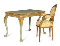 A Maitland-Smith Georgian Style Painted and Parcel Gilt Desk and Associated Louis XVI Style Chair