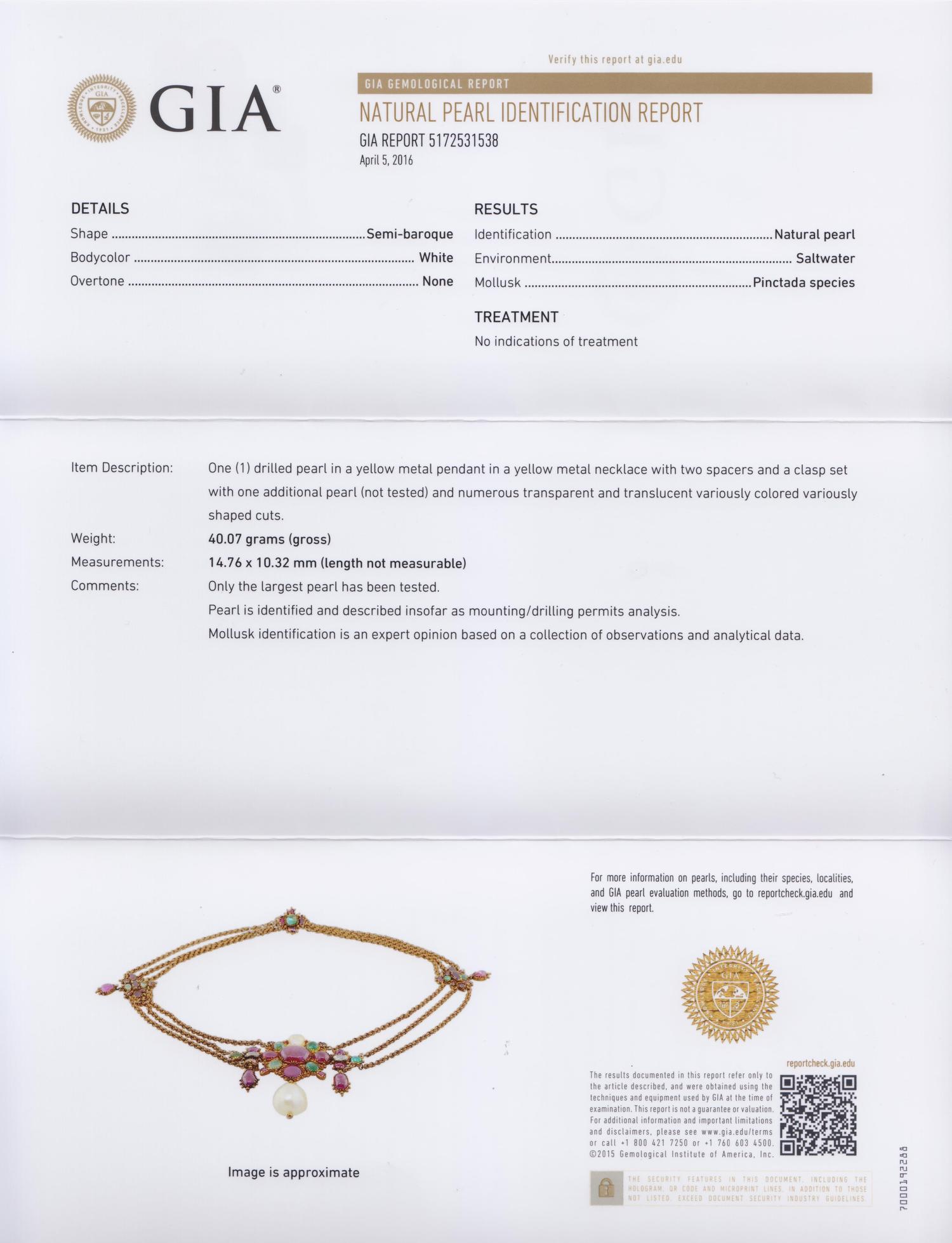 A Yellow Gold, Natural Pearl, and Multigem Necklace, 19th Century,