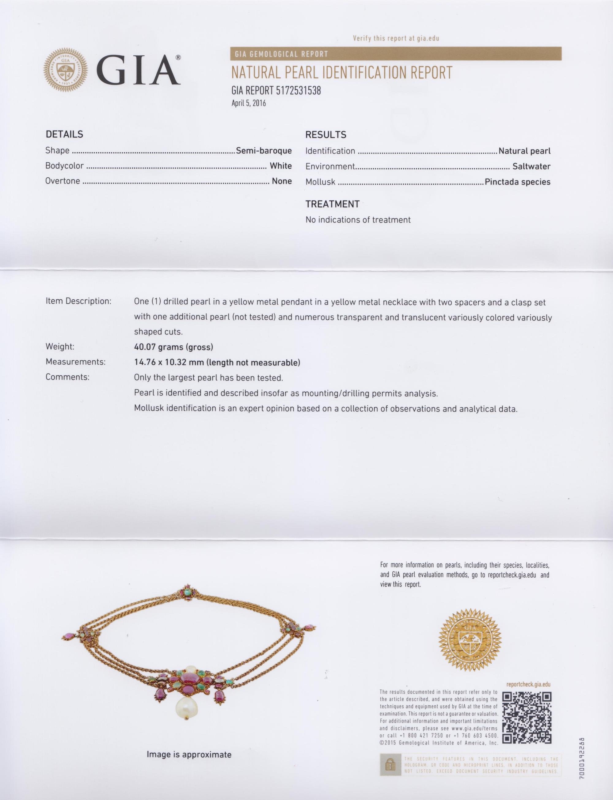 A Yellow Gold, Natural Pearl, and Multigem Necklace, 19th Century,