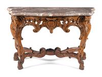A Pair of Régence Carved Oak Marble-Top Console Tables