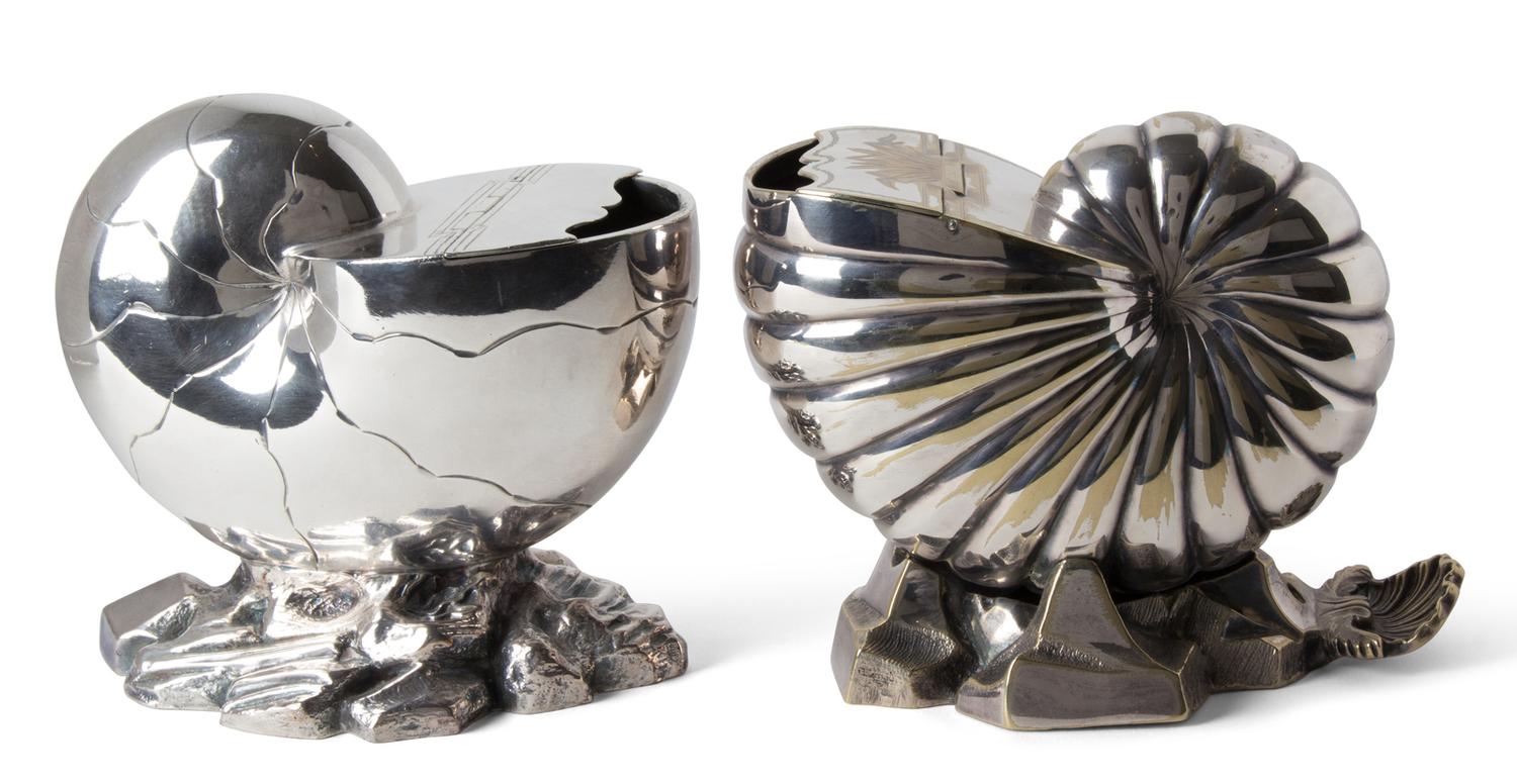 Two English Silver-Plate Nautilus Spoon Warmers — 19TH CENTURY