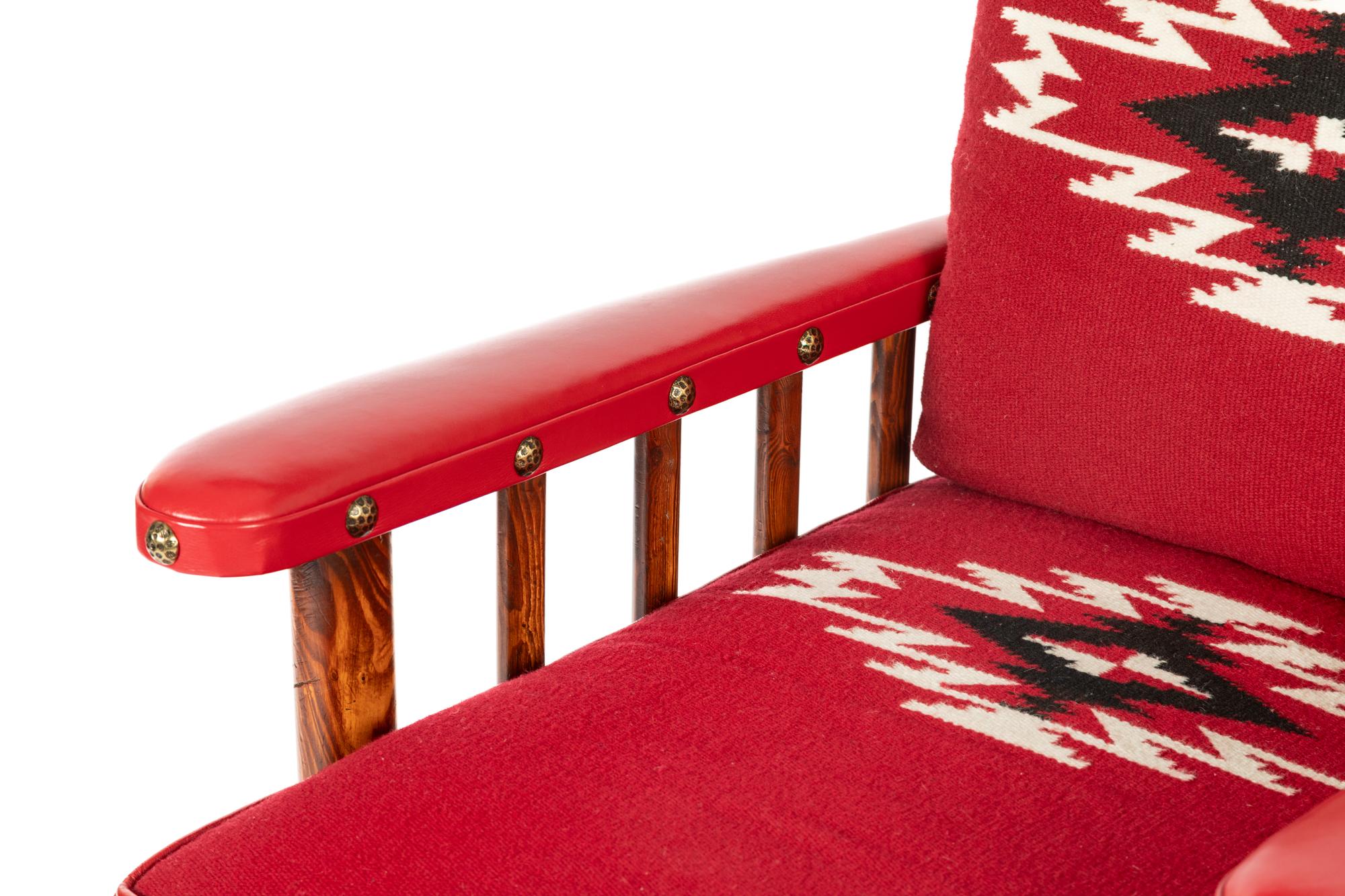 Spindle Sided Armchair with leather and Chimayo Weavings with matching ottoman