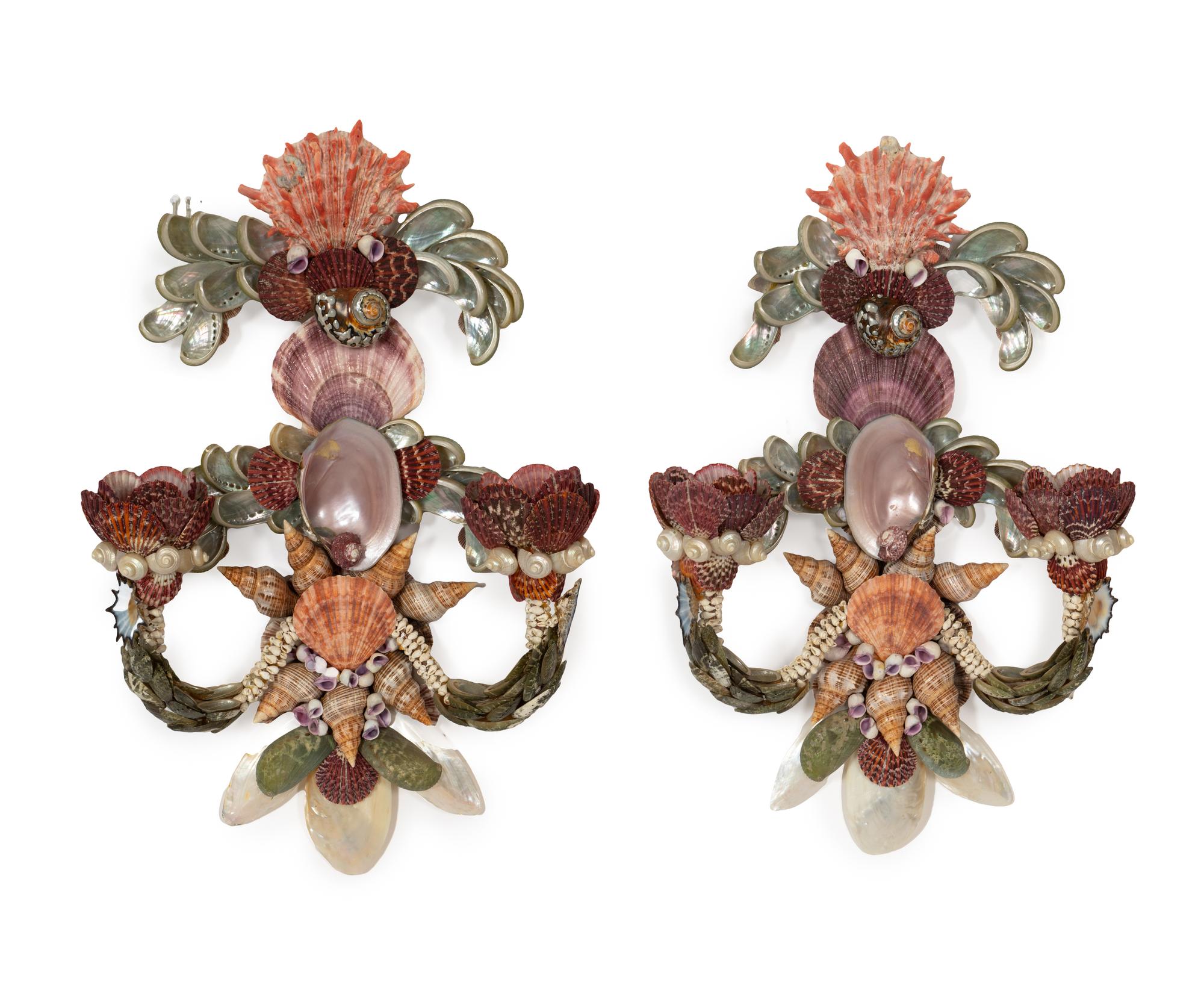 A Pair of Venetian Grotto Style Shellwork Two-Light Sconces