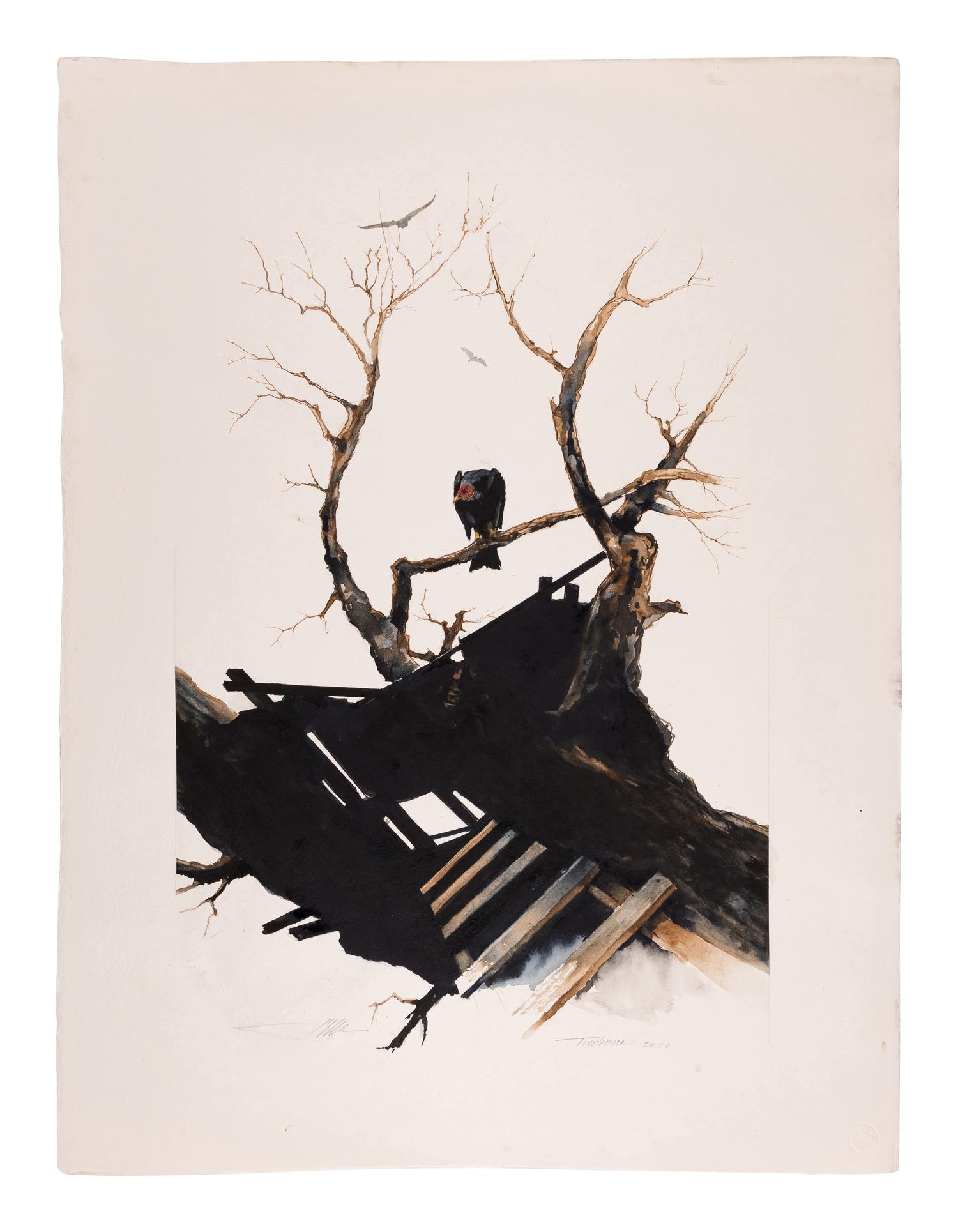 MOSER, Barry. Treehouse. Original watercolor drawing. 2020. 603 x 456 mm. (A few minor surface abrasions or erasures.) Signed, dated and captioned in pencil.