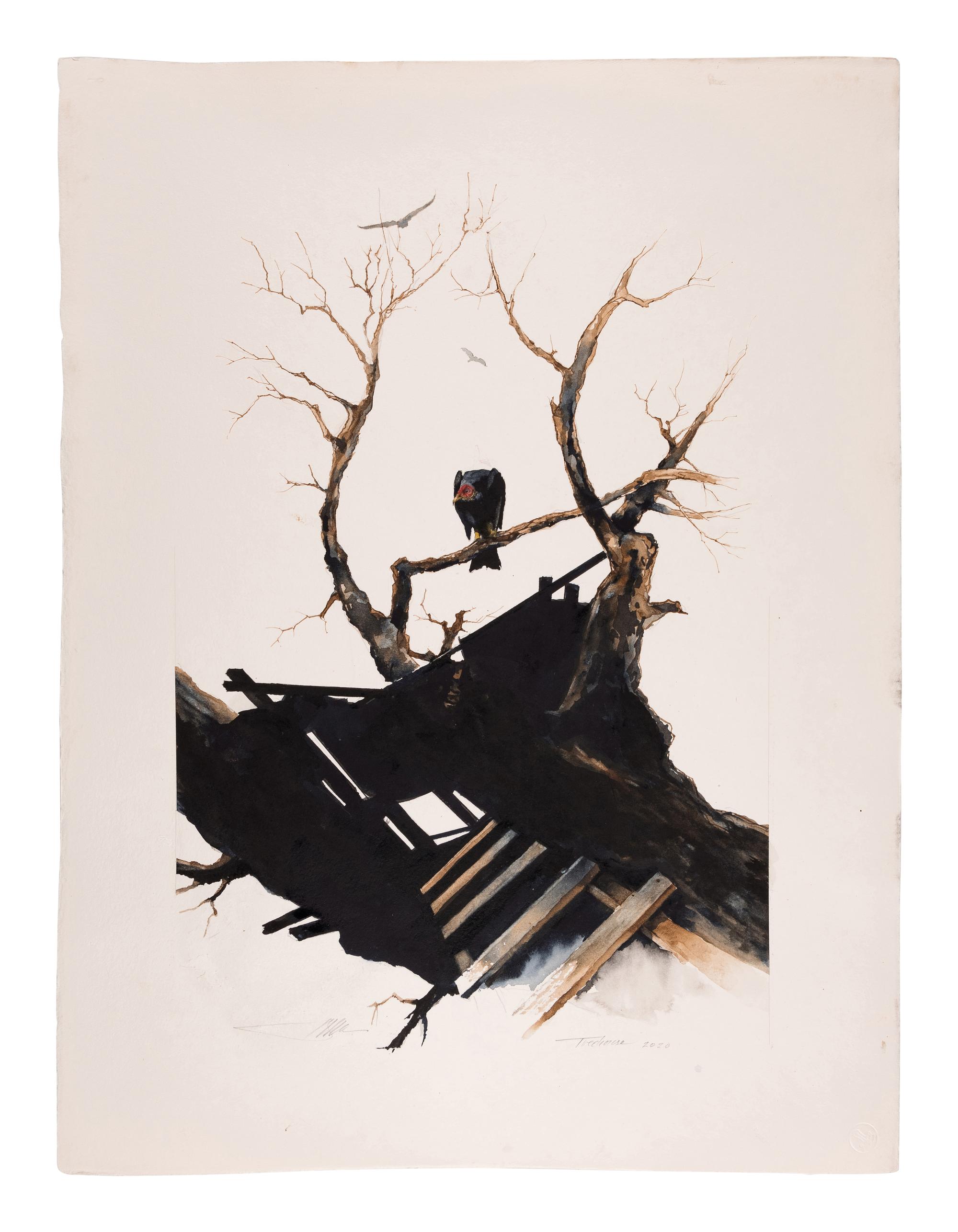MOSER, Barry. Treehouse. Original watercolor drawing. 2020. 603 x 456 mm. (A few minor surface abrasions or erasures.) Signed, dated and captioned in pencil.