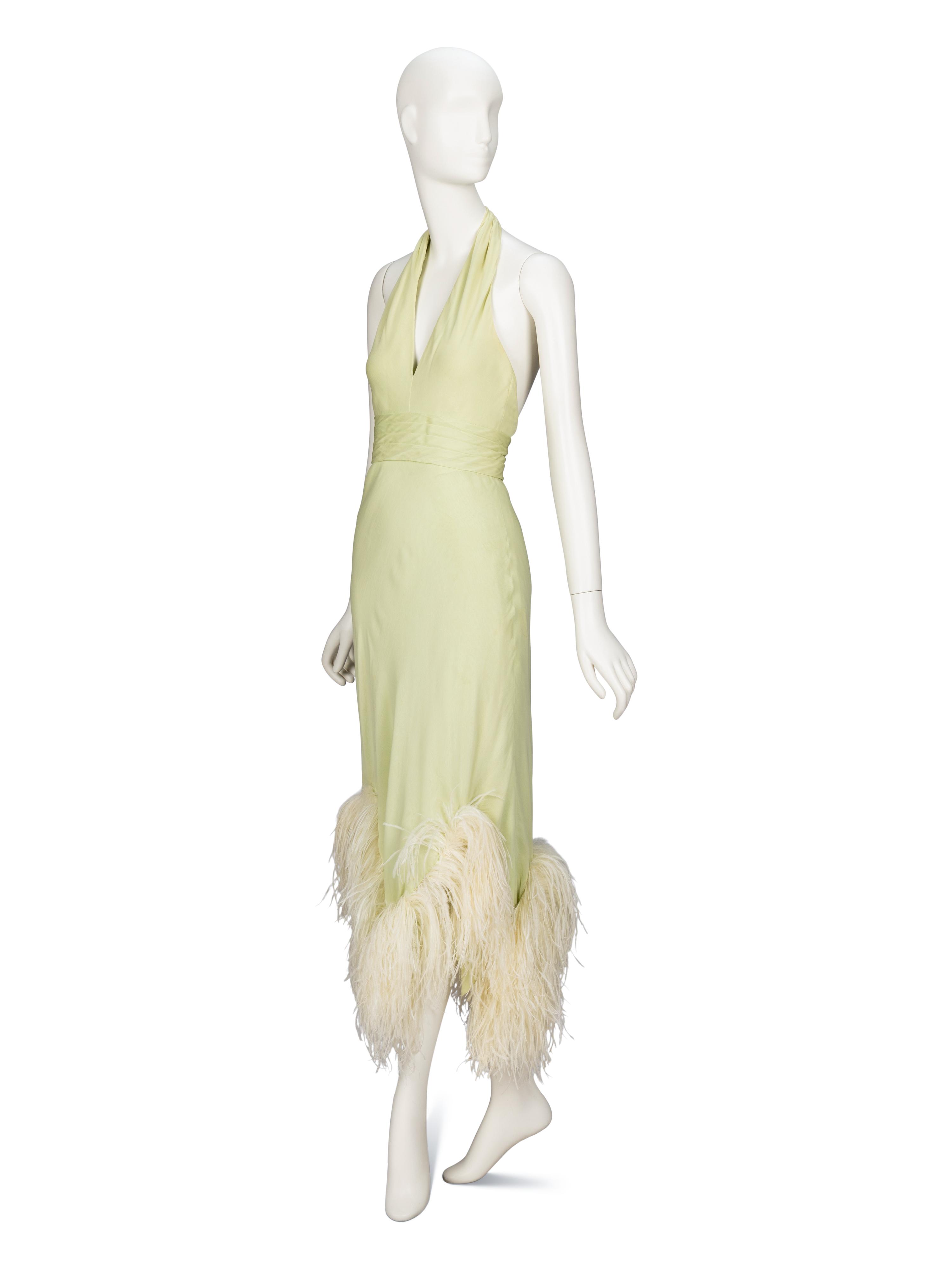 Bill Blass, Pale Green Feathered Halter Dress
