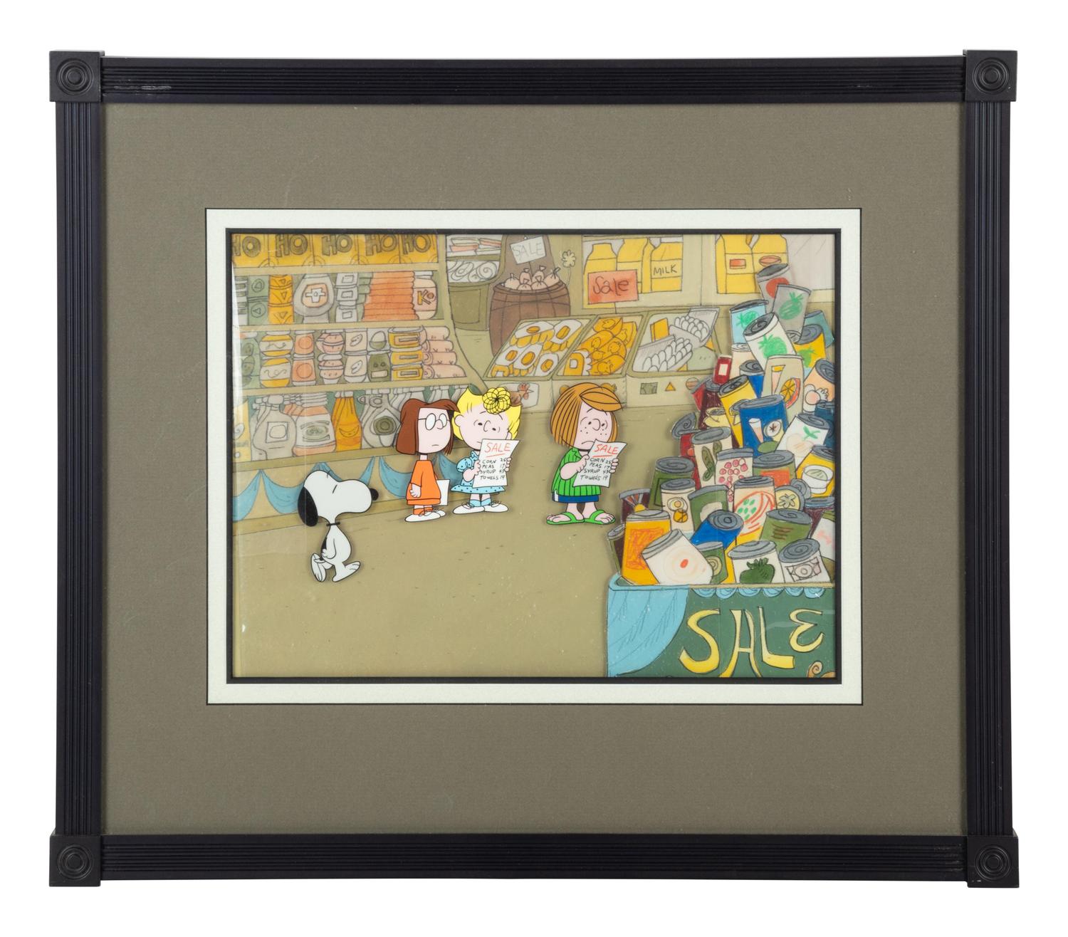 Peanuts animation cel from the 1973 television special, There’s No Time for Love, Charlie Brown, depicting Snoopy, Marcie, Sally, and Peppermint Patty.