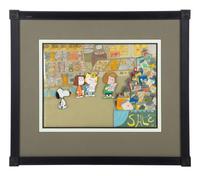 Peanuts animation cel from the 1973 television special, There’s No Time for Love, Charlie Brown, depicting Snoopy, Marcie, Sally, and Peppermint Patty.