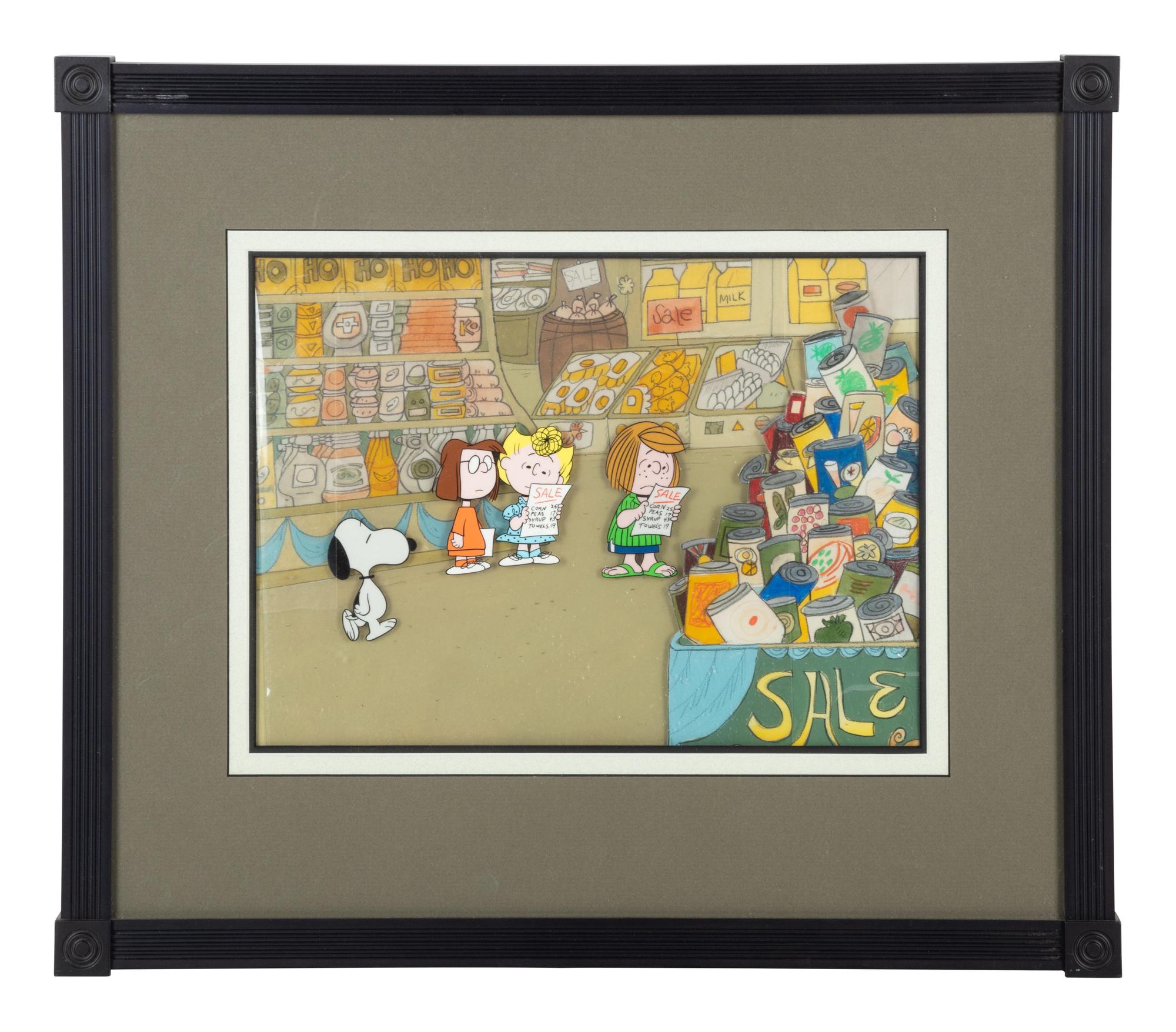 Peanuts animation cel from the 1973 television special, There’s No Time for Love, Charlie Brown, depicting Snoopy, Marcie, Sally, and Peppermint Patty.