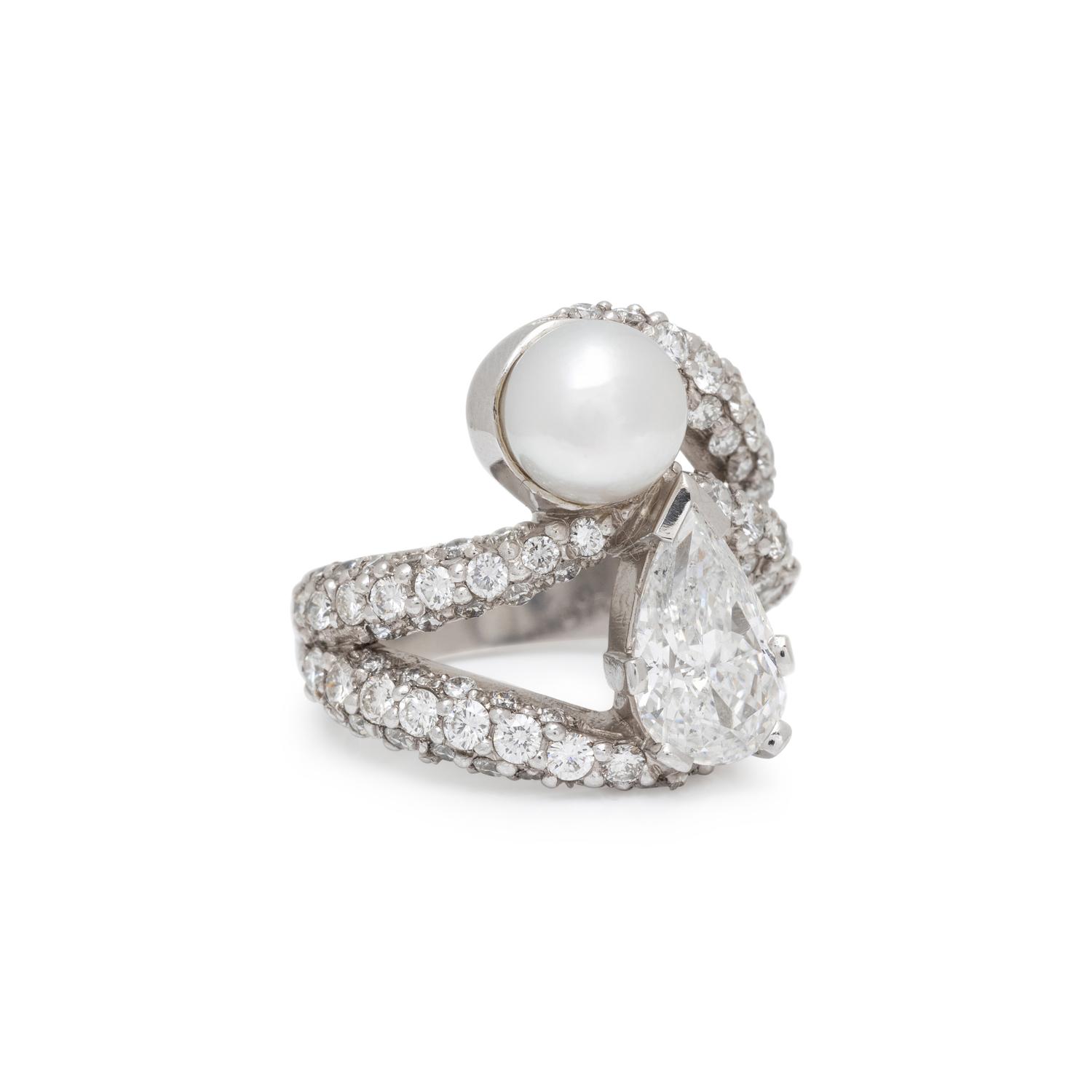 DIAMOND, CULTURED PEARL, AND PLATINUM RING