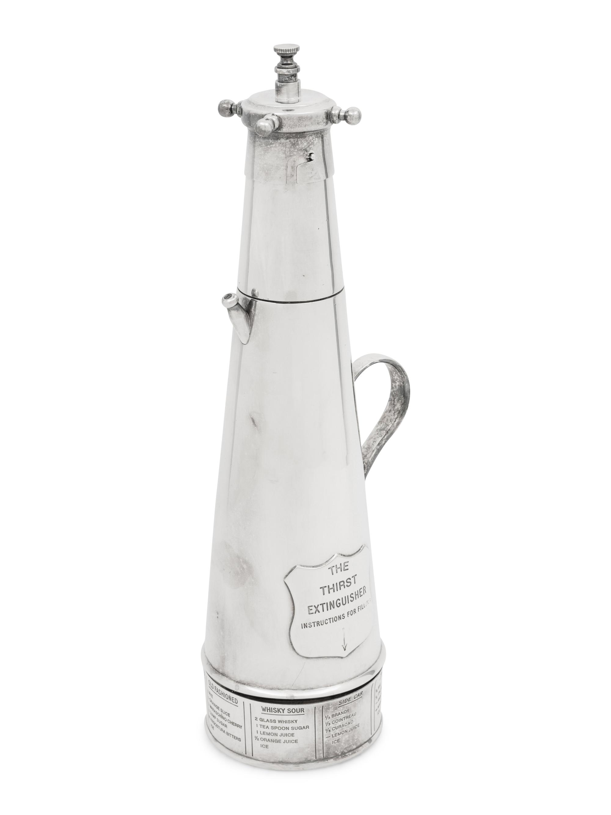 An English Silver-Plate The Thirst Extinguisher Cocktail Shaker