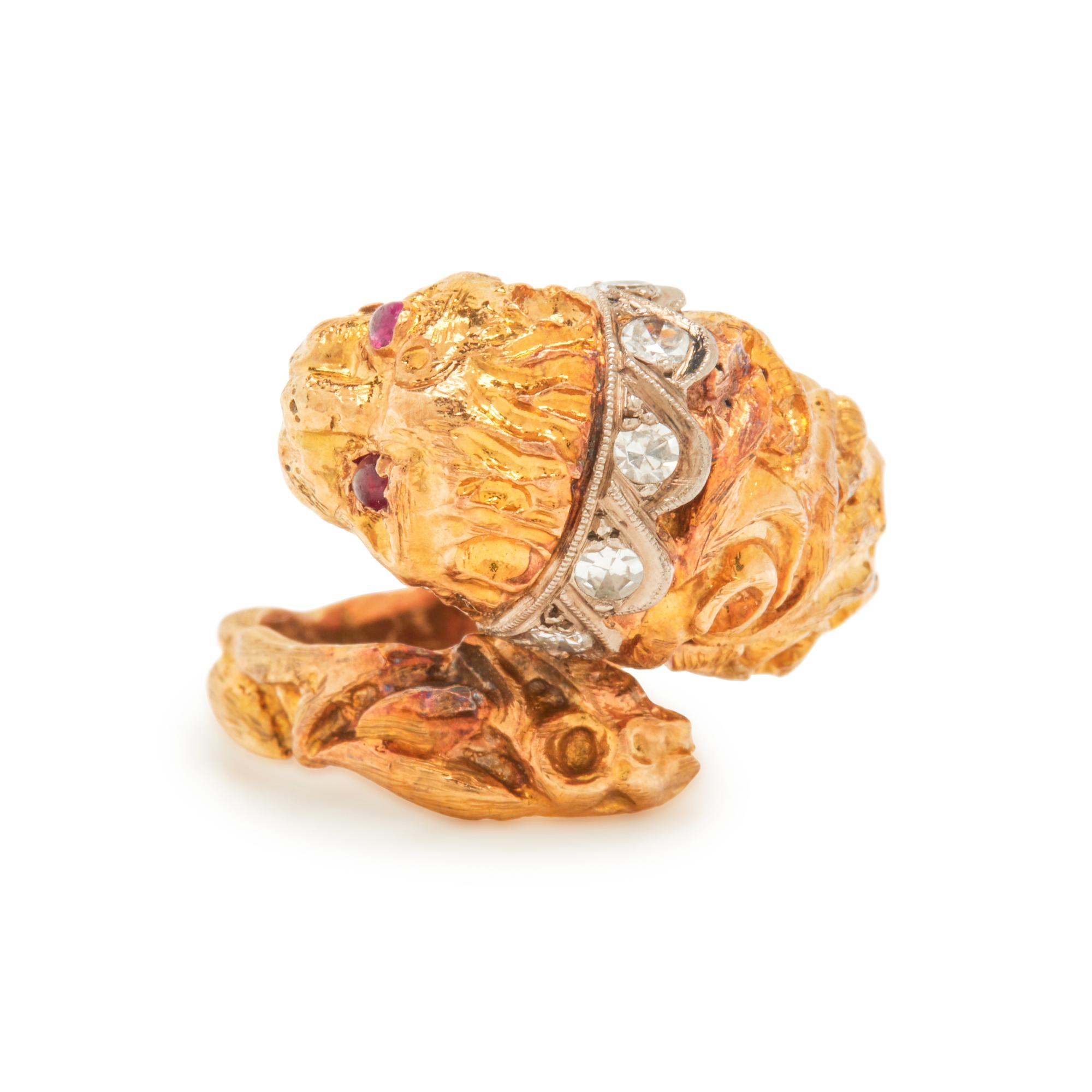 BICOLOR GOLD, DIAMOND AND RUBY LION'S HEAD RING