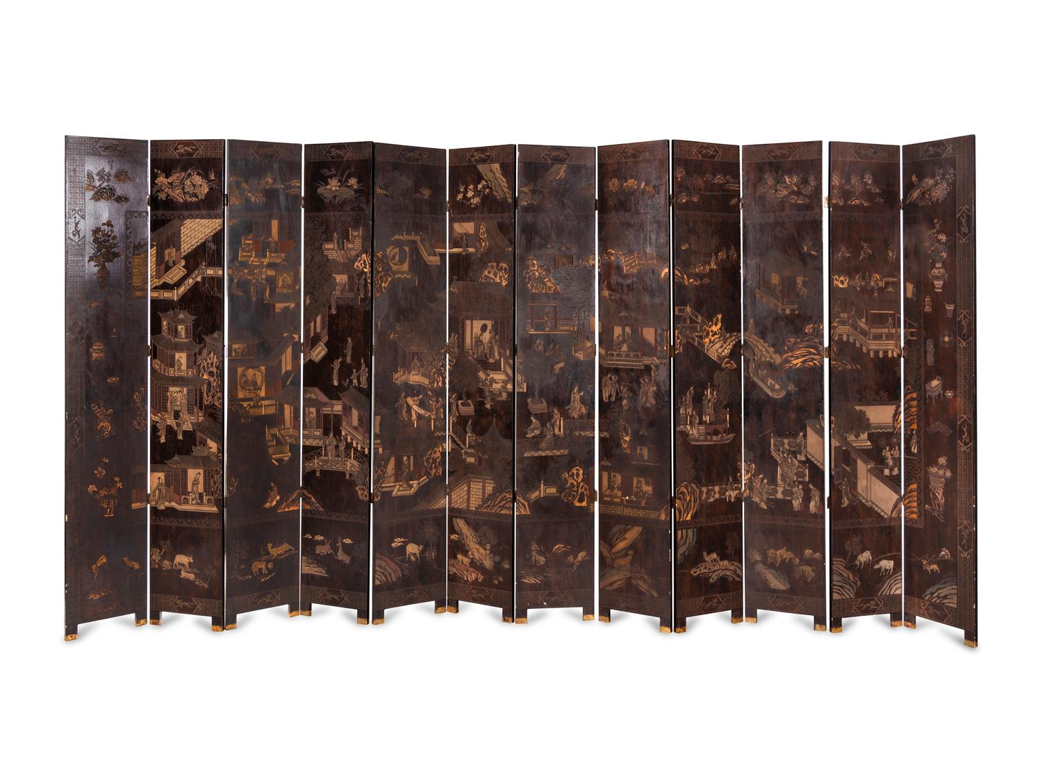 A Chinese Lacquered Thirteen-Panel Floor Screen