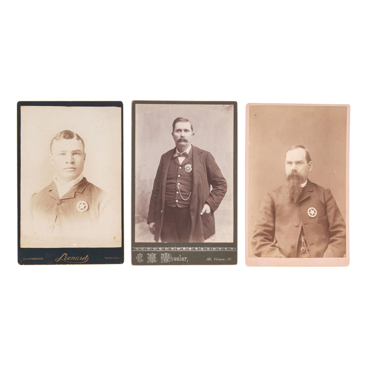 [WESTERN AMERICANA]. A group of 3 cabinet photographs of lawmen wearing badges from Illinois, Nebraska, and Oregon, comprising: