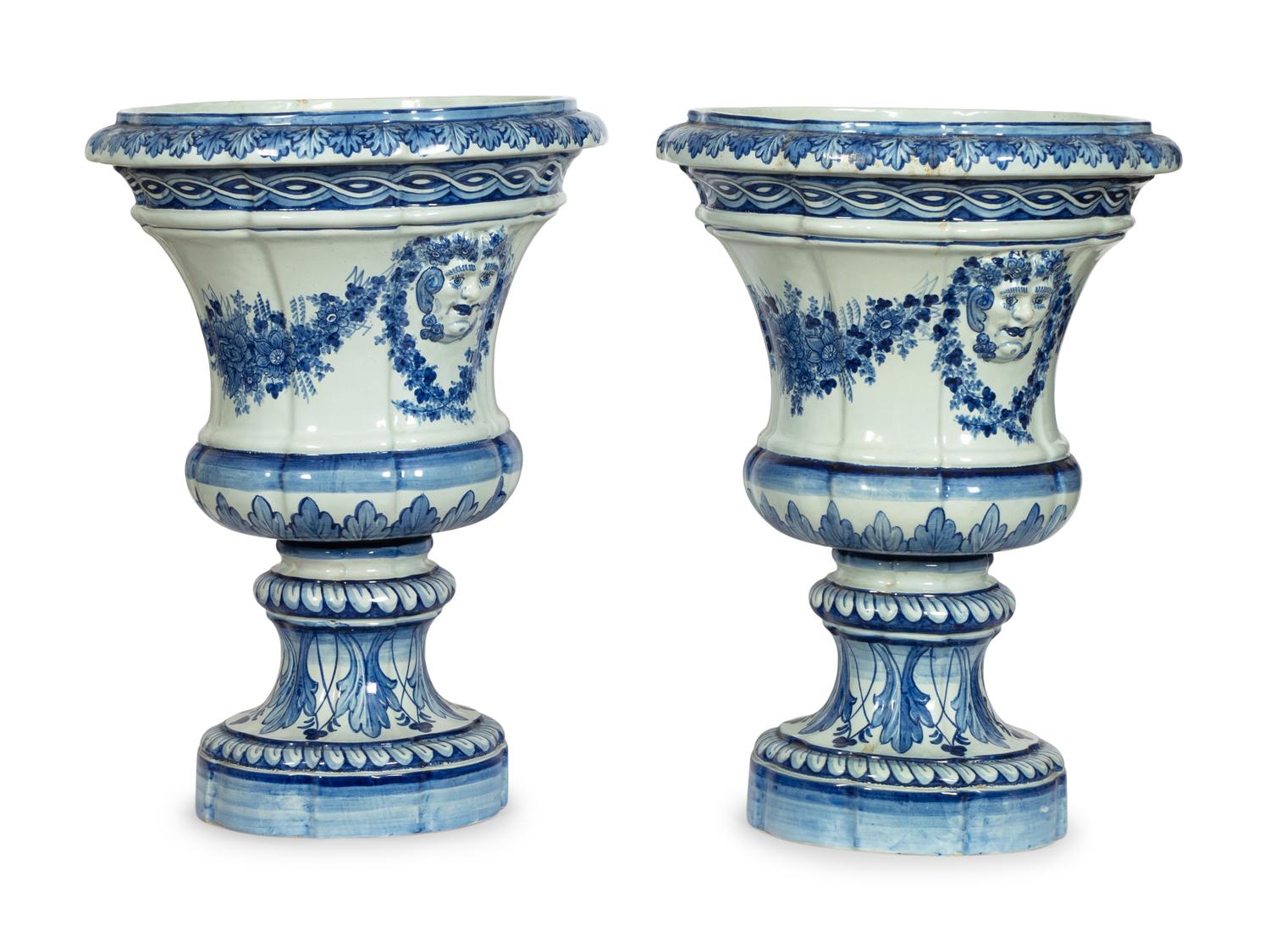 A Large Pair of Portuguese Faience Campana-Form Jardinières