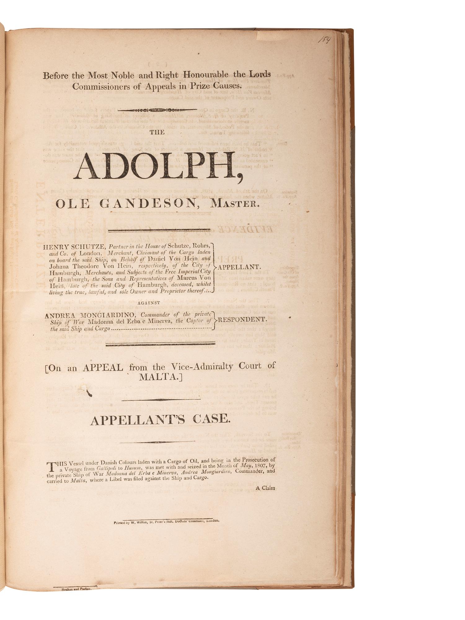 [PIRACY -- PRIVATEERS]. Four printed documents relating to appeals for ships taken prize by privateers.