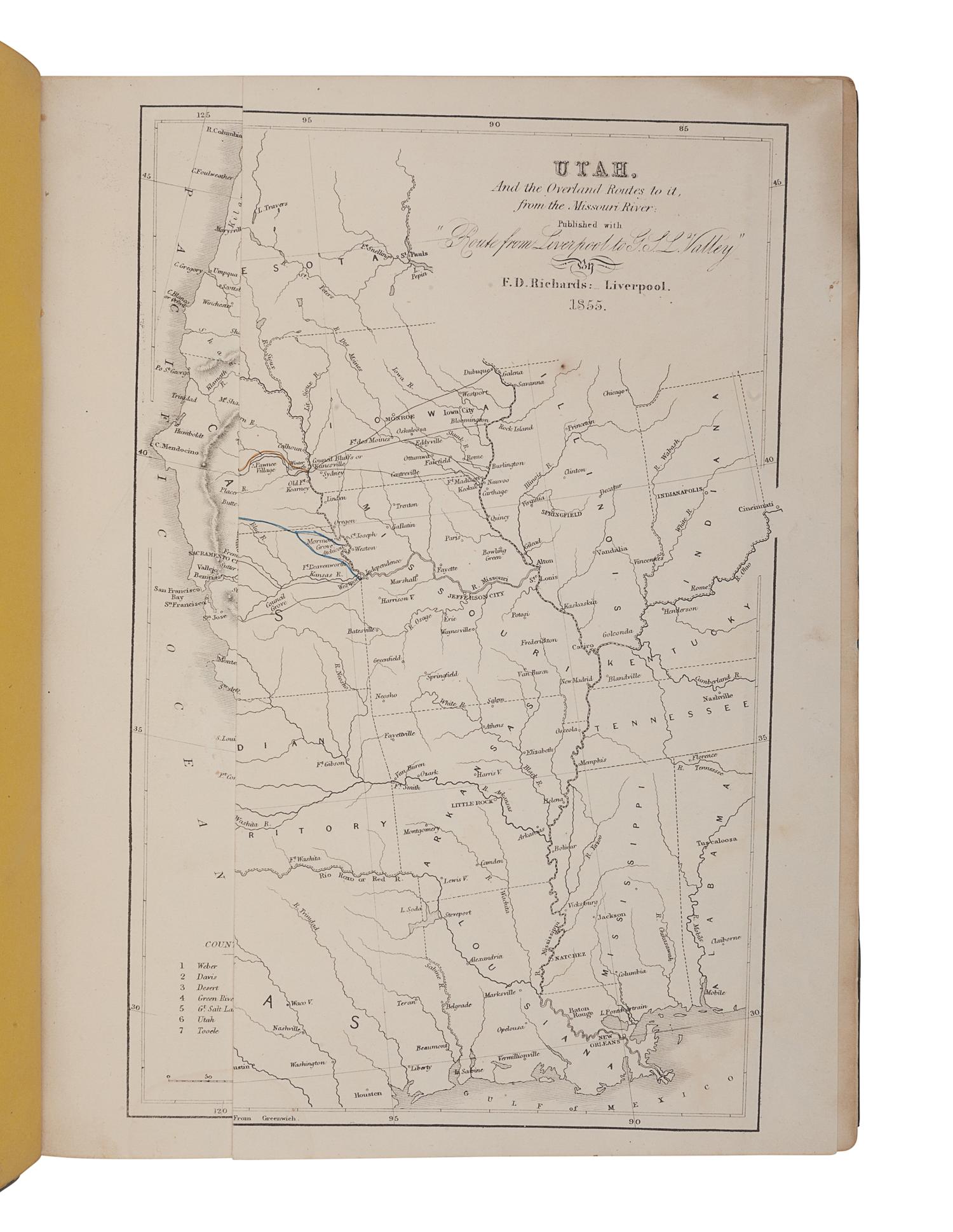 [MORMONISM]. LINFORTH, James (1827-1899), editor. -- PIERCY, Frederick H. (1830-1891), illustrator. Route from Liverpool to Great Salt Lake Valley... Together With a Geographical and Historical Description of Utah, and a Map of the Overland Routes to that Territory, from Missouri River . Liverpool: Franklin D. Richards; London: Latter-Day Saints' Book Depot, 1855.