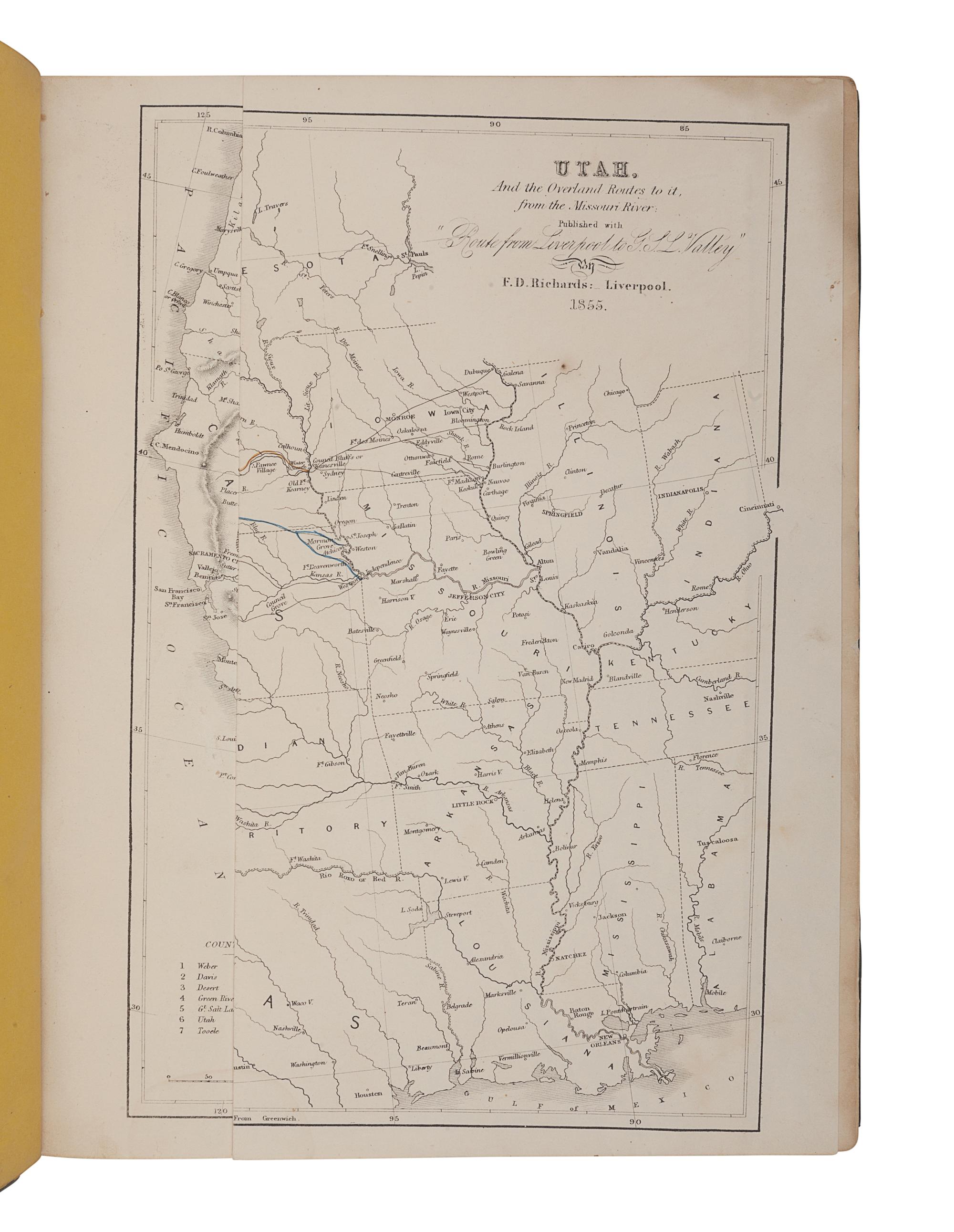 [MORMONISM]. LINFORTH, James (1827-1899), editor. -- PIERCY, Frederick H. (1830-1891), illustrator. Route from Liverpool to Great Salt Lake Valley... Together With a Geographical and Historical Description of Utah, and a Map of the Overland Routes to that Territory, from Missouri River . Liverpool: Franklin D. Richards; London: Latter-Day Saints' Book Depot, 1855.