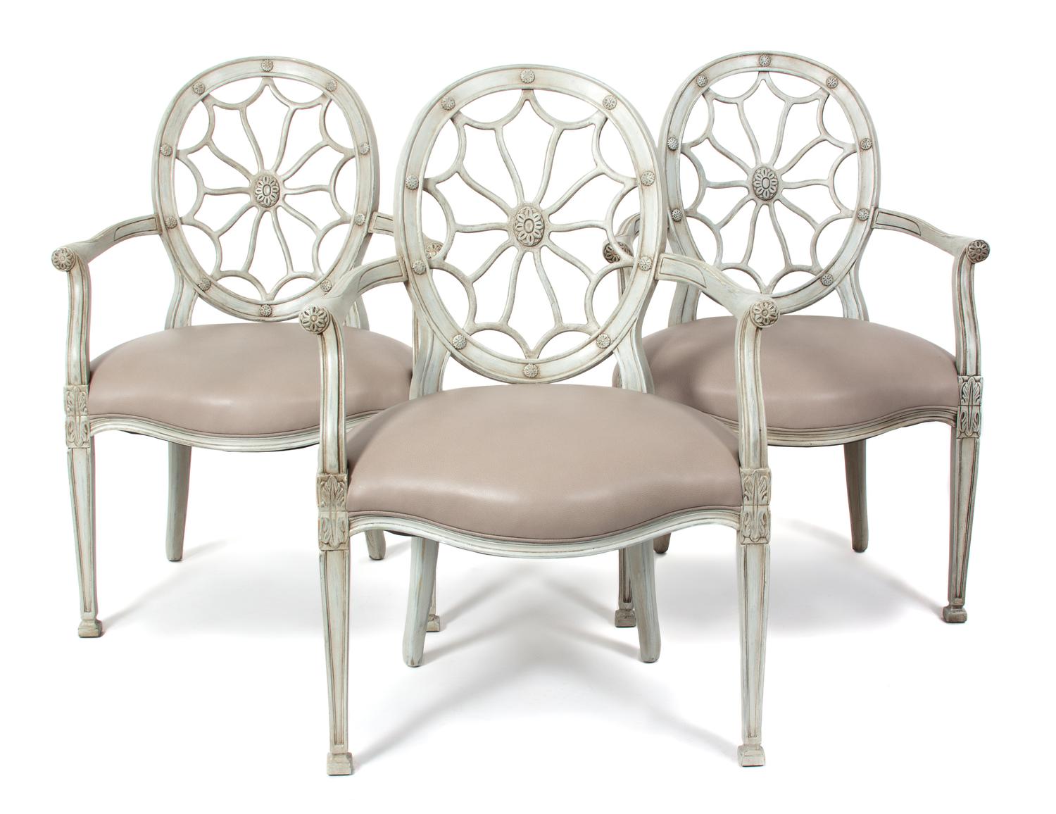 Three Louis XVI Style Painted Wheel-Back Fauteuils Height 39 inches. — By Karges