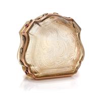 A Russian Gold Mounted and Jeweled Carved Topaz Box, St. Petersburg, 19th Century, of shield form with incised rocaille decoration, wit