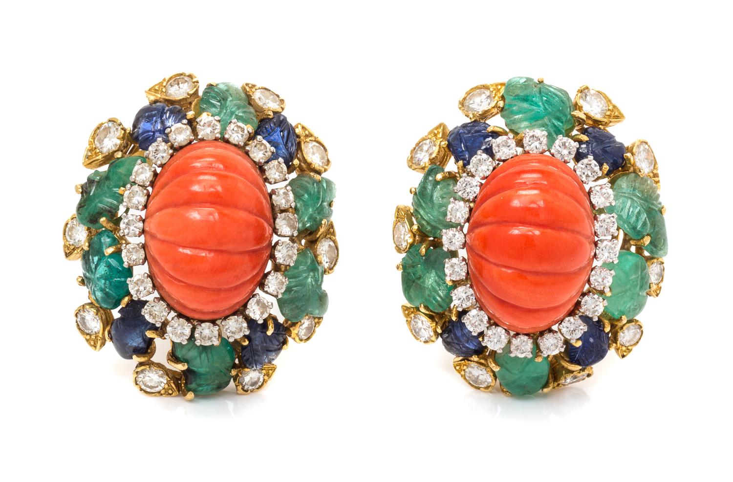 A Pair of 18 Karat Yellow Gold, Platinum, Coral, Diamond, Sapphire and Emerald Earclips, David Webb, 21.20 dwts.