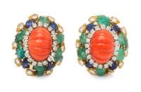 A Pair of 18 Karat Yellow Gold, Platinum, Coral, Diamond, Sapphire and Emerald Earclips, David Webb, 21.20 dwts.