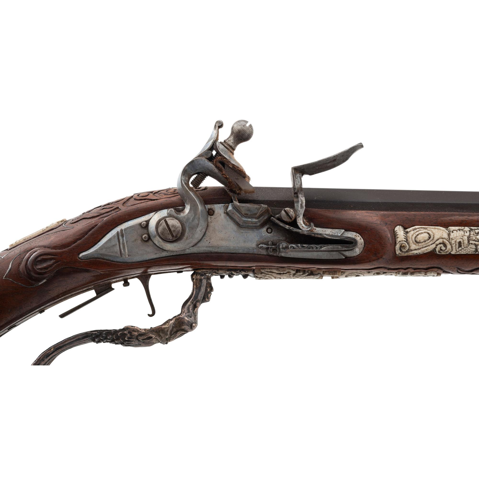 Contemporary Flintlock Jaeger Rifle with Actaeon and Hunting Motifs by John B. Derrick (American, b.1936)