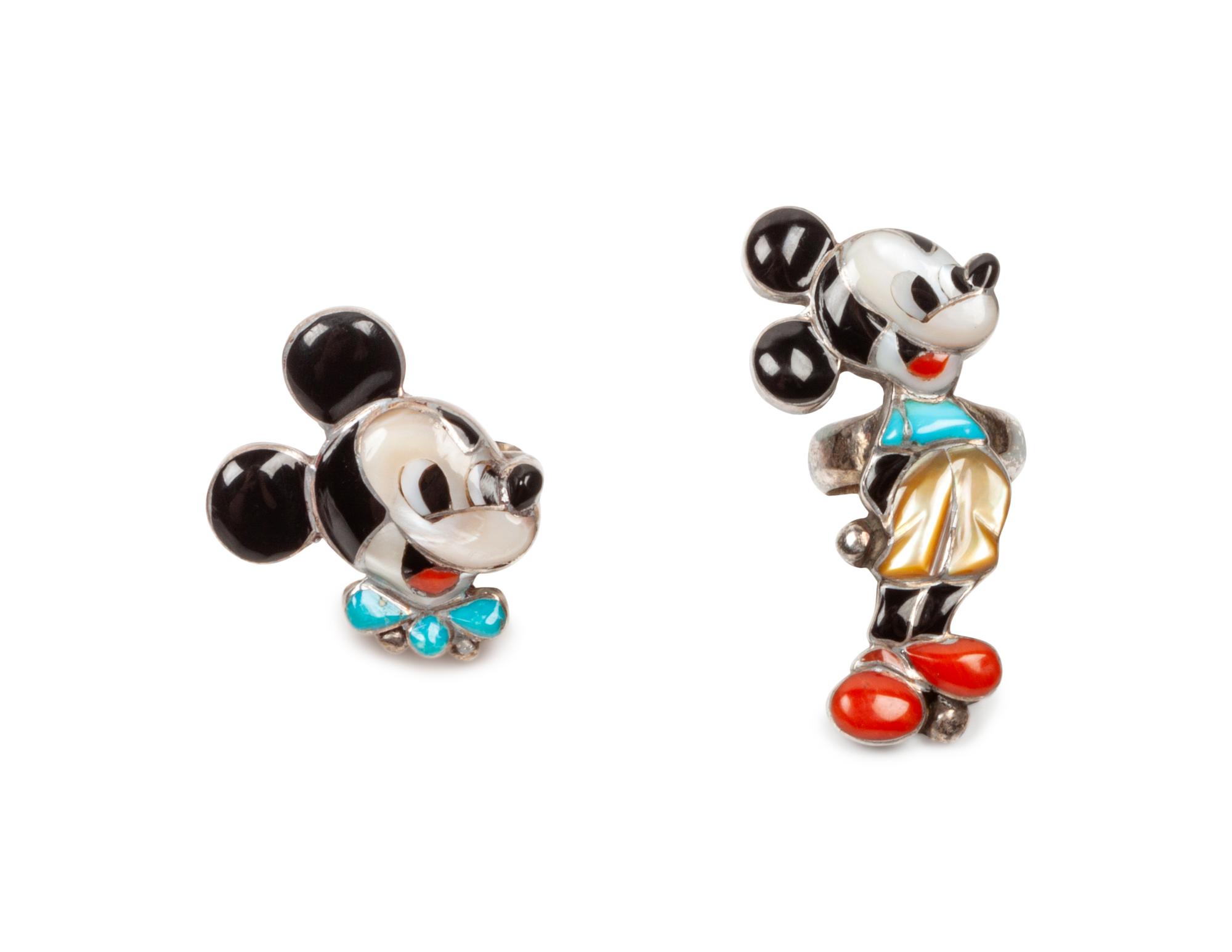 Zuni-Toon Mickey Mouse Squash Blossom Necklace, and Two Rings, 1974 and 1975