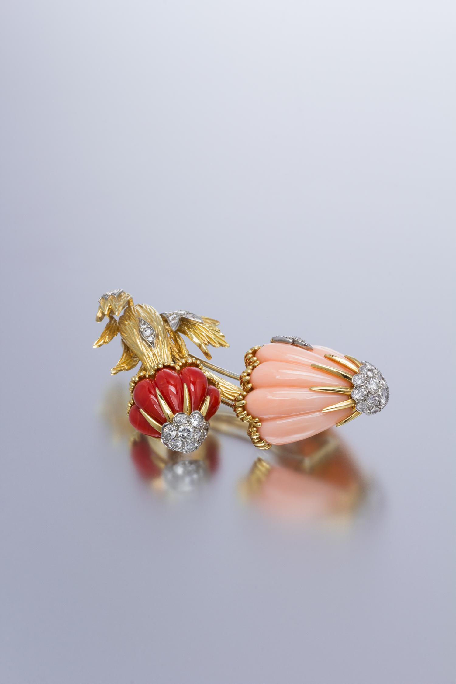 An 18 Karat Yellow Gold, Coral and Diamond Mushroom Brooch, Van Cleef and Arpels, 20.70 dwts.