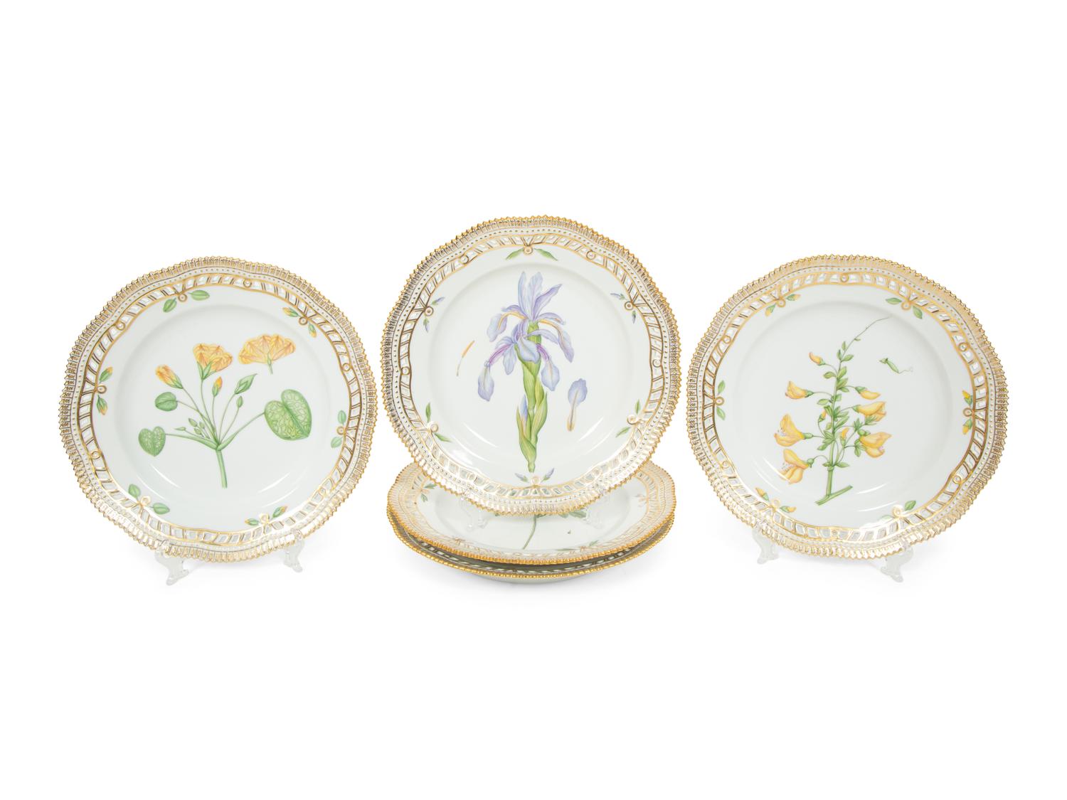 Eight Royal Copenhagen Flora Danica Reticulated Porcelain Dinner Plates