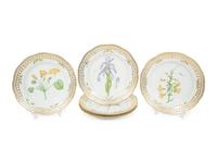 Eight Royal Copenhagen Flora Danica Reticulated Porcelain Dinner Plates