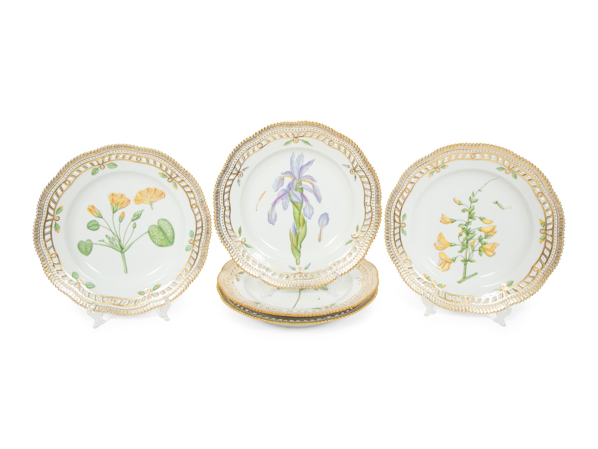 Eight Royal Copenhagen Flora Danica Reticulated Porcelain Dinner Plates