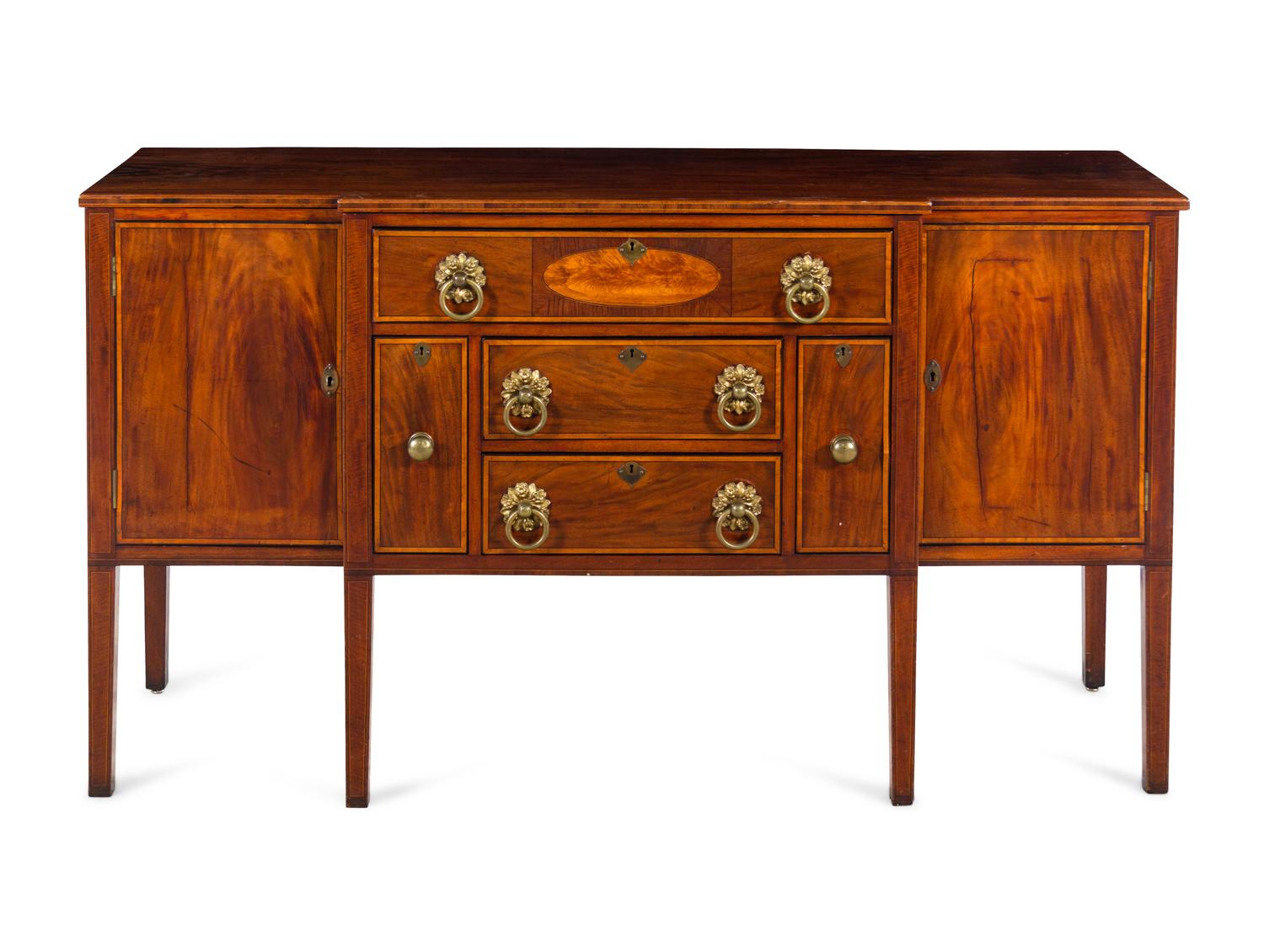A Federal Mahogany, Birch and Satinwood Veneered Breakfront Sideboard