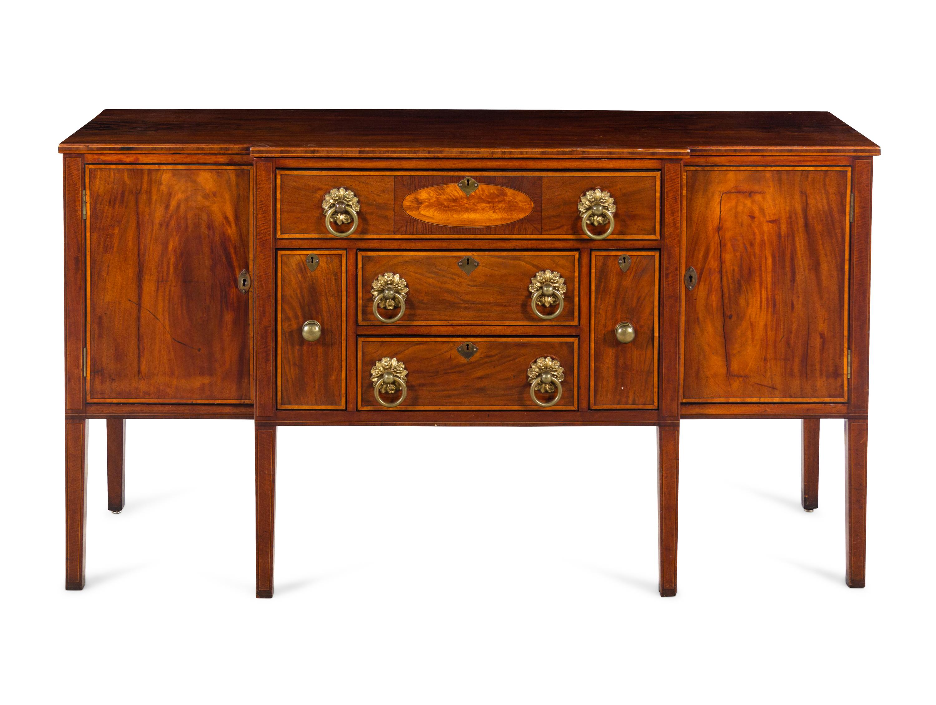 A Federal Mahogany, Birch and Satinwood Veneered Breakfront Sideboard